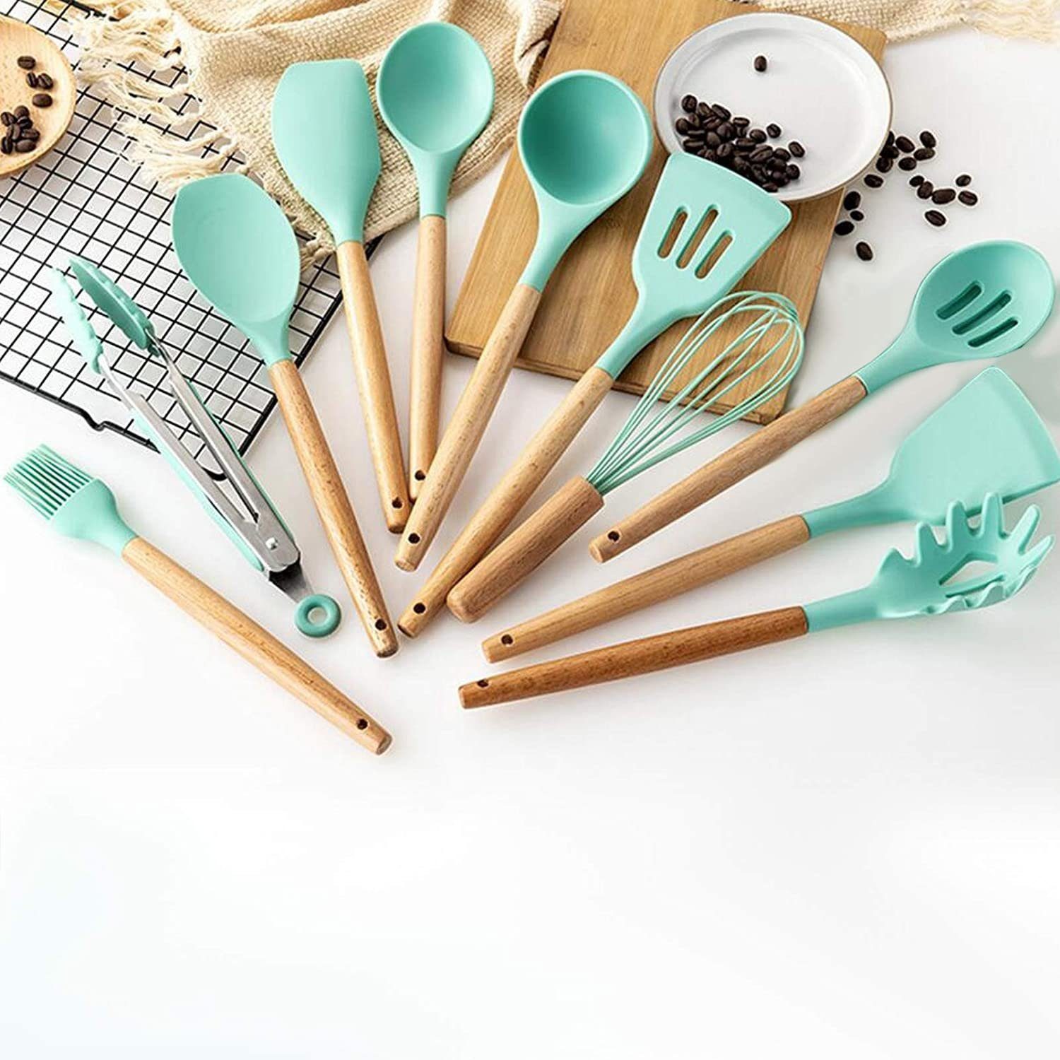 Faizee Möbel Kochbesteck-Set Küchenhelfer Set 12tlg Silikon Kochbesteck Holzgriff Küchenutensilien (12-tlg) – Bild 4 von 4