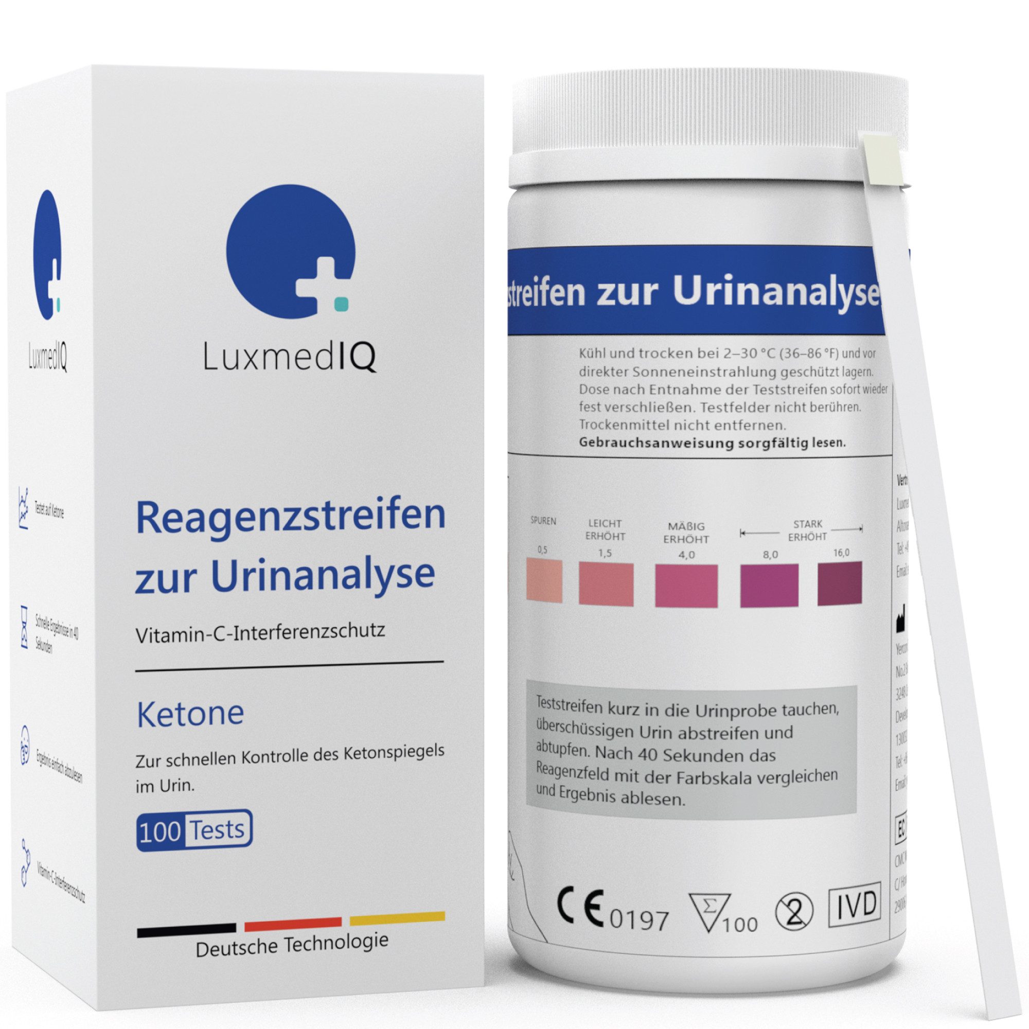 LuxmedIQ Keton-Teststreifen - präziser Keto Test im Urin, 100-St., Zur Überwachung der Ketose bei Keto Ernährung oder Diät