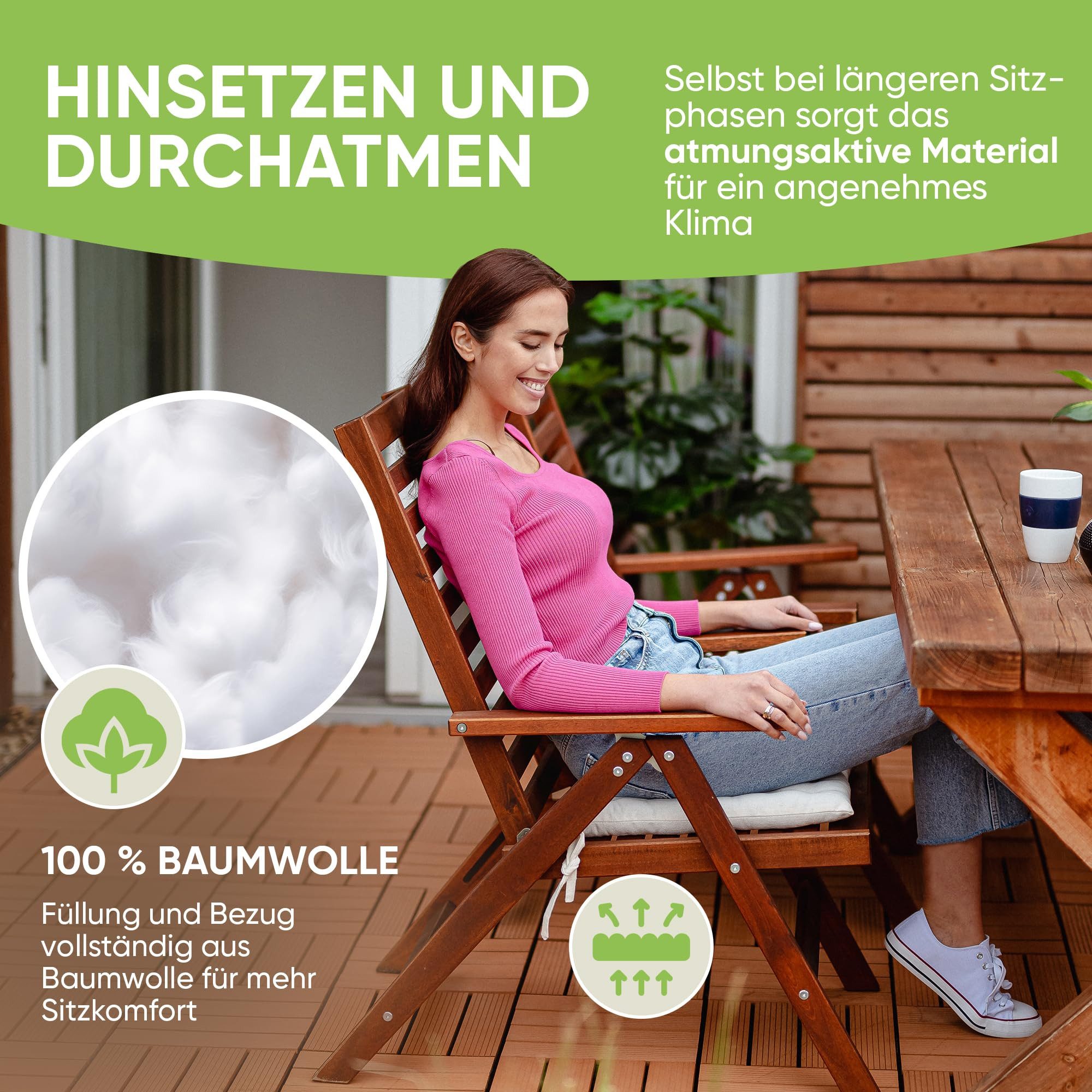 Gräfenstayn Stuhlkissen 4er-Set in 40x40cm und 5cm dicker Polsterung aus 100% Baumwolle, robustes Sitzkissen für Indoor & Outdoor, mit Haltebändern