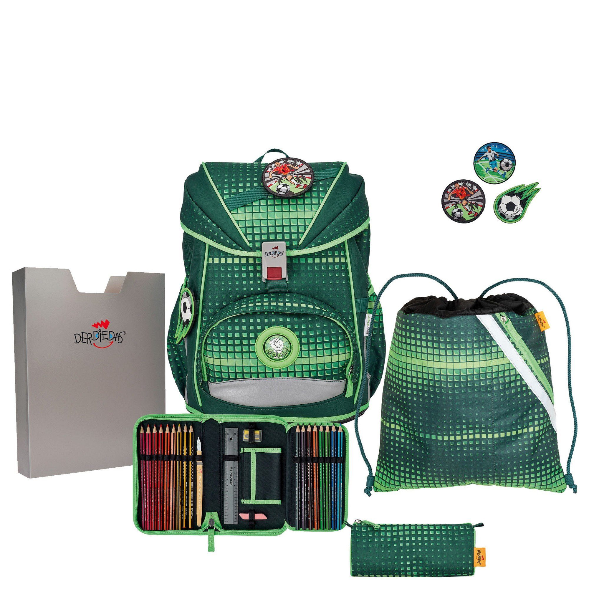 DerDieDas® Schulranzen Ergoflex- Schulranzen Set 5tlg. Soccer Green