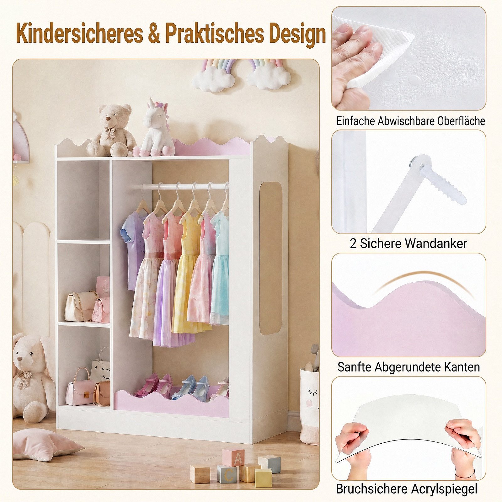 KOMFOTTEU Kinderkleiderschrank Kindergarderobe Kleiderständer mit Spiegel, Kleiderstange & offenen Fächern – Bild 2 von 5