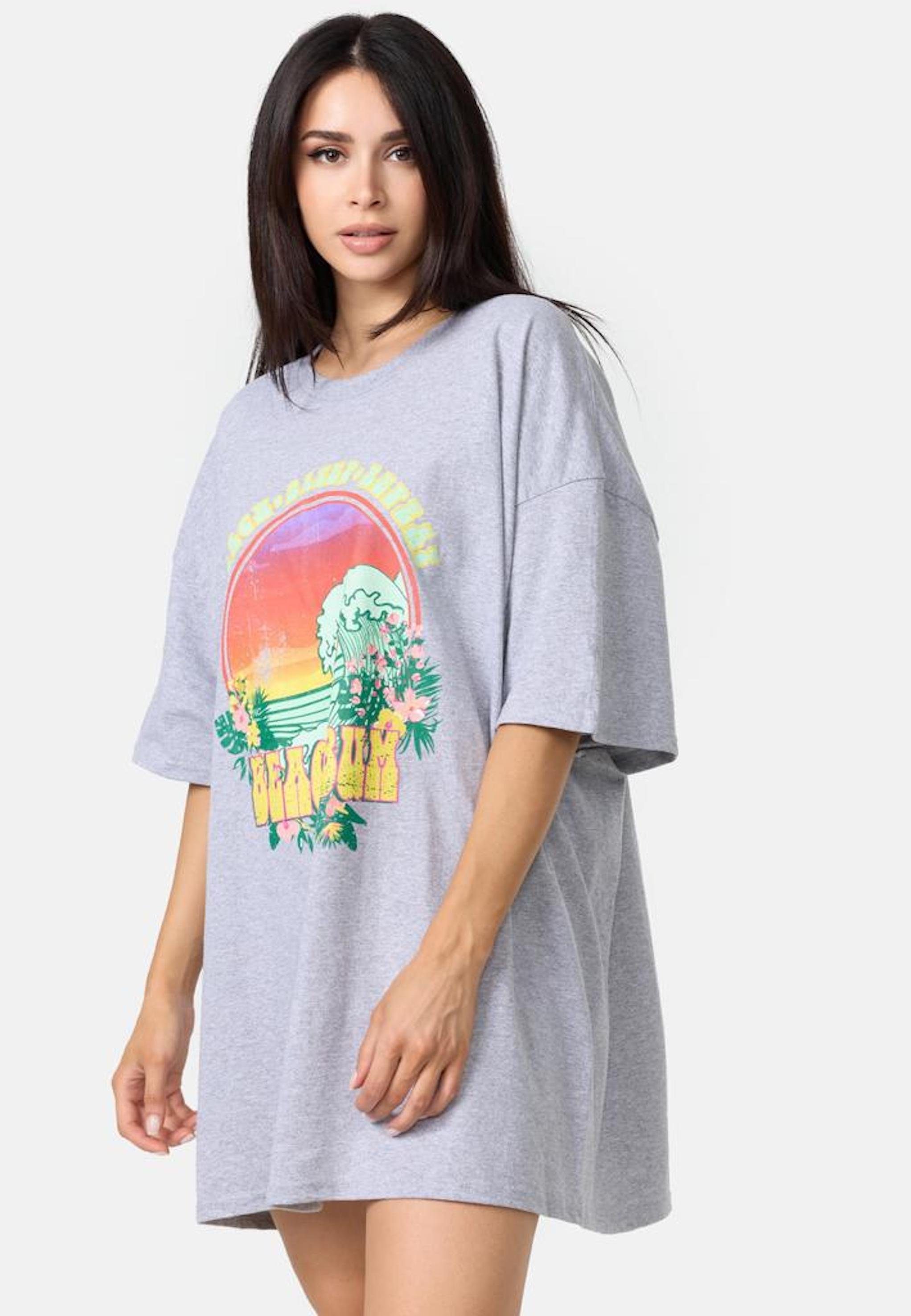 Worldclassca T-Shirt Worldclassca Oversized BEACH Oberteil T-Shirt BUM Sommer Grau lang Print