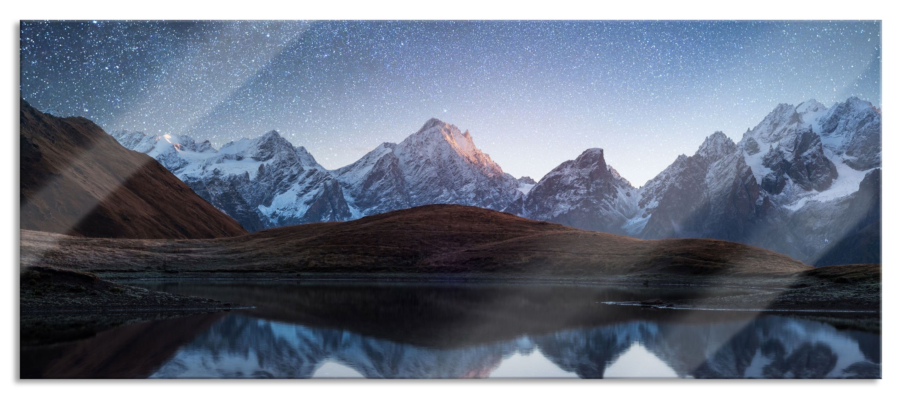 Gebirge dem Abstandshalter Sternenhimmel Echtglas, über aus St), Pixxprint inkl. Gebirge, Glasbild dem Aufhängungen und Sternenhimmel Glasbild (1 über