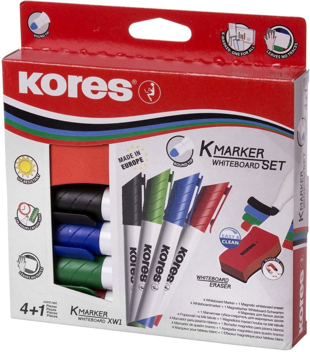 KORES Whiteboard Marker Whiteboardmarker 3mm Rundspitze Set mit 4 Farben + Schwamm