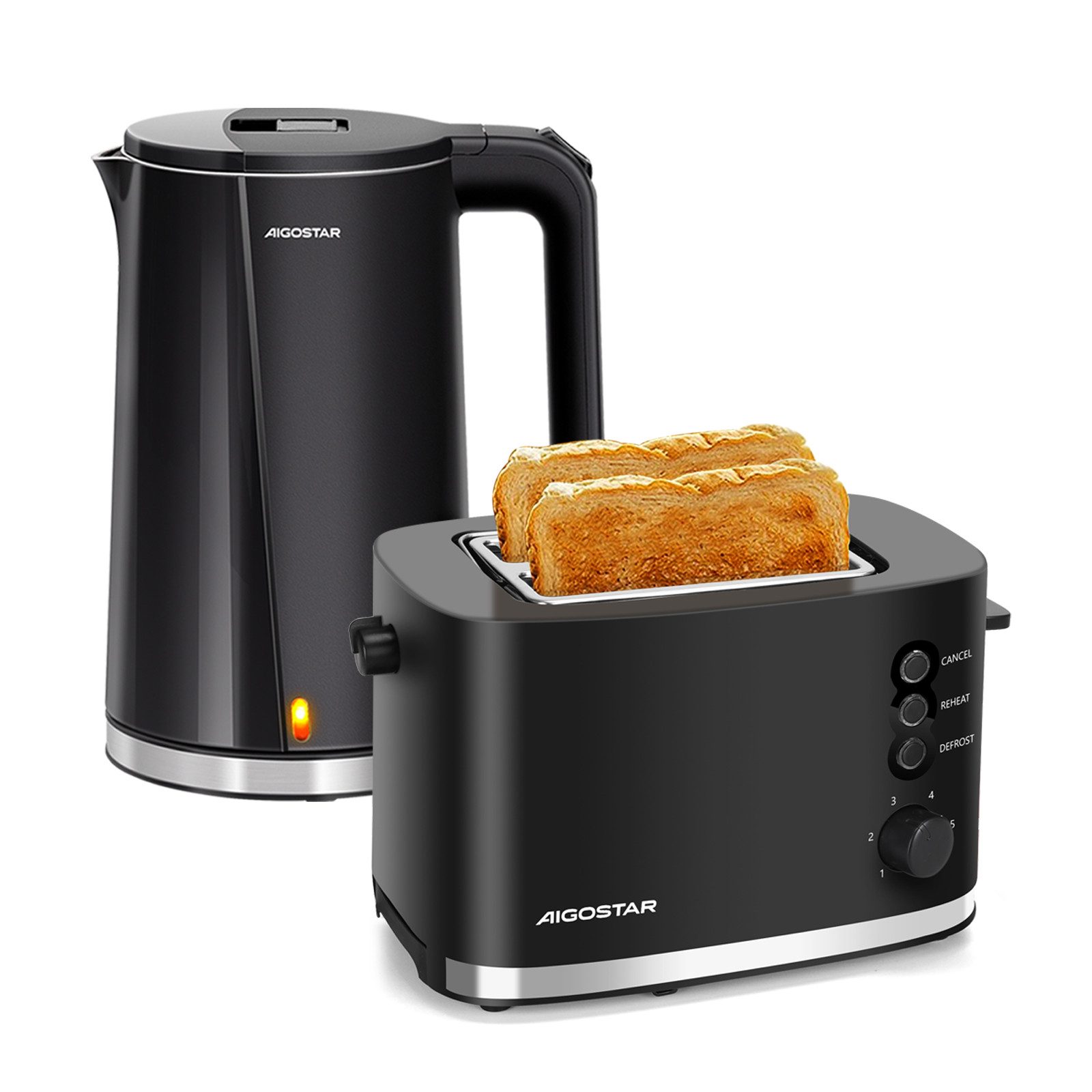 Aigostar Frühstücks-Set Wasserkocher Edelstahl 1,7L, 2200W/Toaster mit Brötchenaufsatz 800W, Doppelwand Design, BPA frei; 6 Bräunungsstufen, Krümelschublade