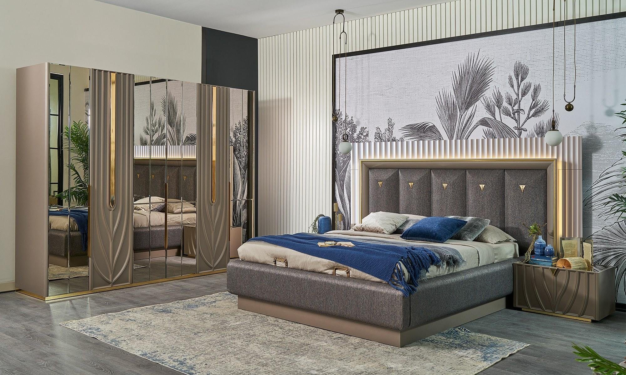 JVmoebel Schlafzimmer-Set 4tlg Braun Nachttische, in Komplette Schlafzimmermöbel Made Set Bett 2x Nachttische Doppelbett (4-St., + Bett + Europa Kleiderschrank)