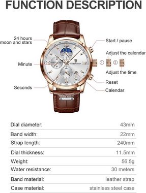 Lige LG8953 Watch, Herren Chrono Uhr, wasserdicht, Datum, Lederband, Quarz