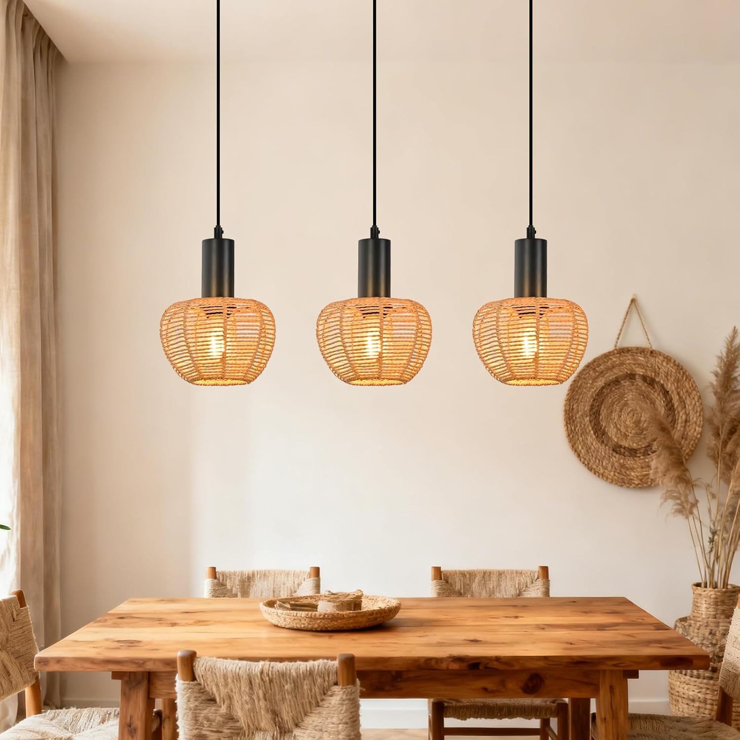 Nettlife Pendelleuchte Retro Boho Schwarz Hängelampe aus Rattan 1/3 flammig günstig online kaufen