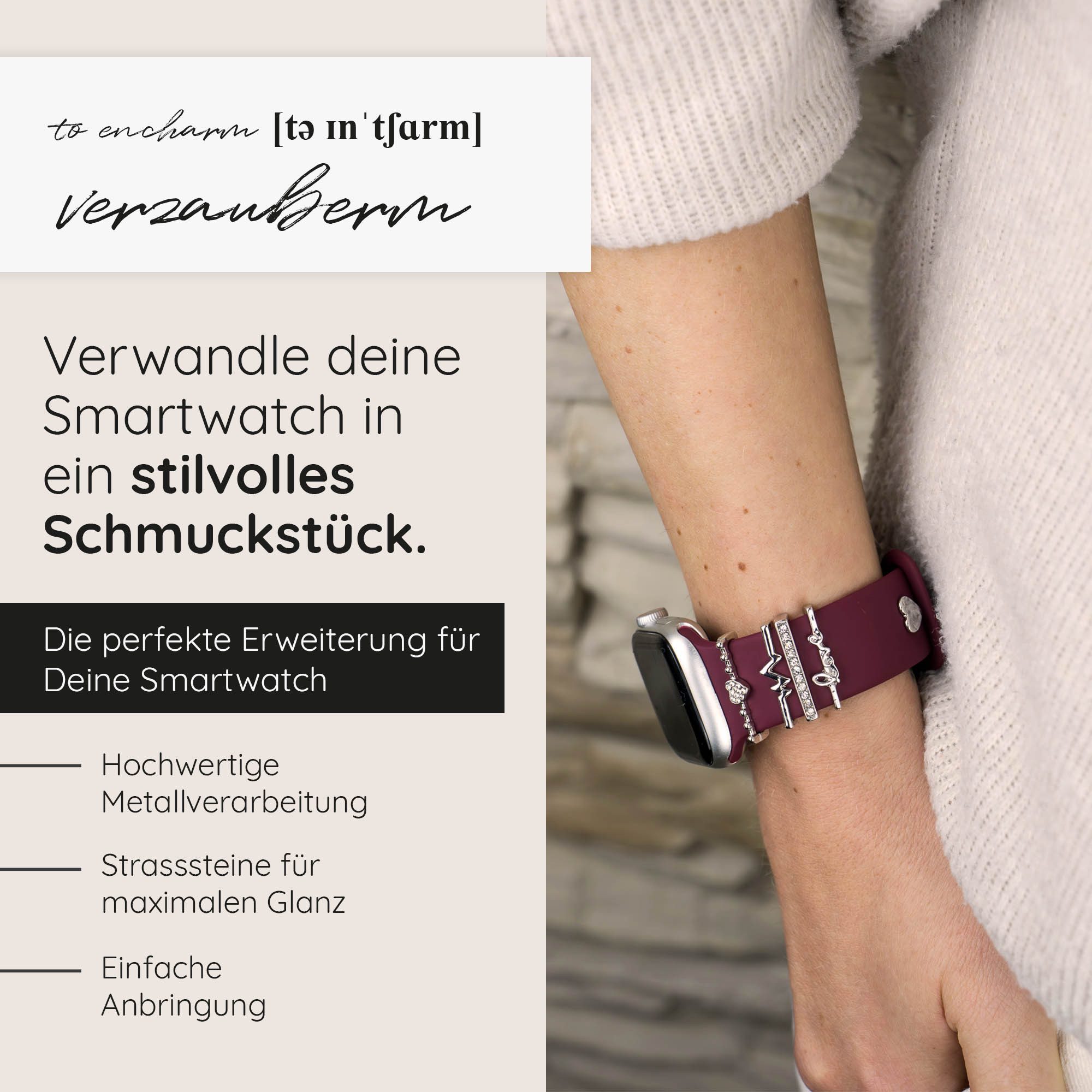 EAZY CASE Smartwatch-Armband Apple Watch Charms Set 38/40/41mm & 42/44/45/49mm, trendige Watch Charms Love mit Herzen & Strasssteinen Silber – Bild 2 von 5