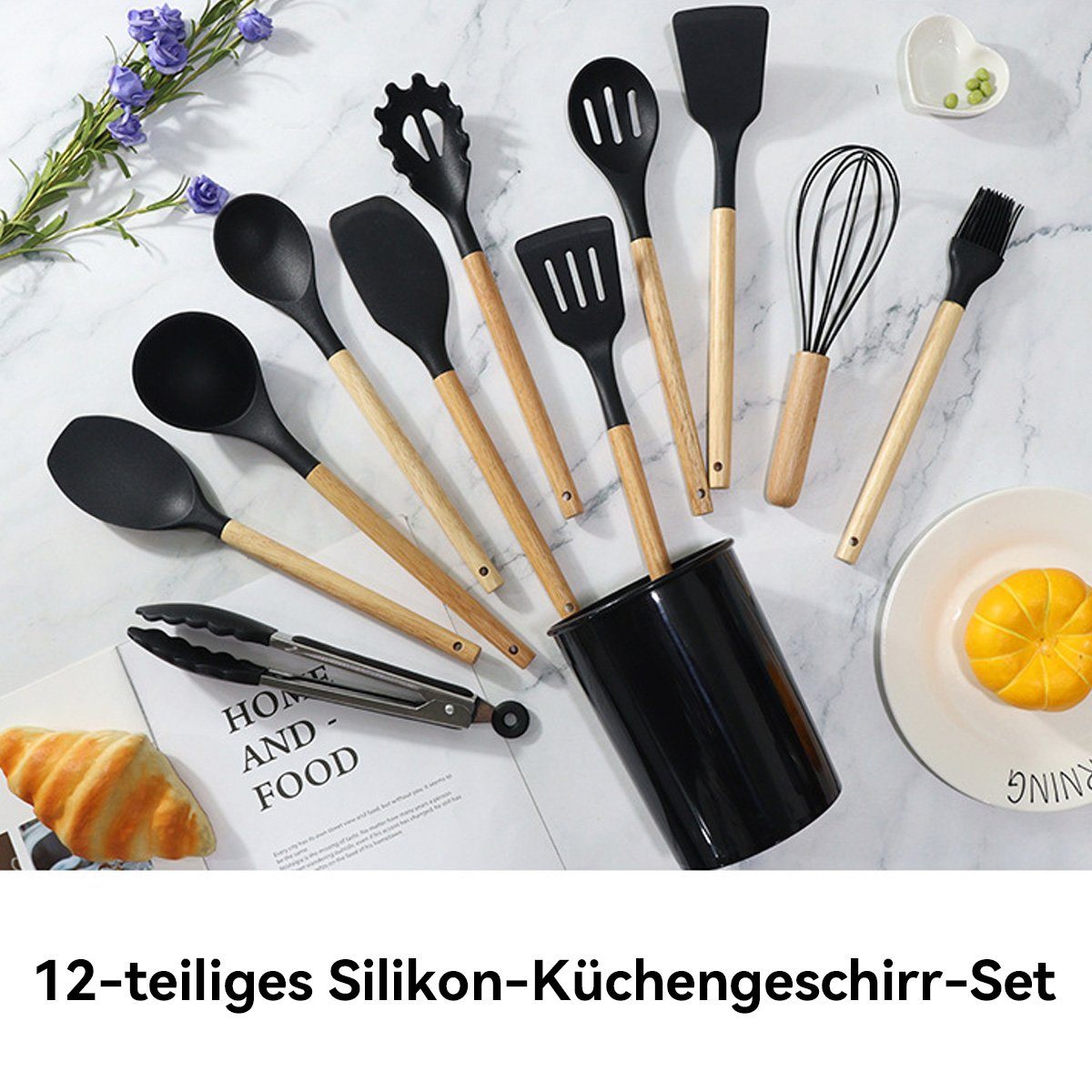 Schwarz, DOPWii Antihaftbeschichtet (12-tlg) 12-teiliges Silikon-Küchenutensilien-Set, Kochbesteck-Set