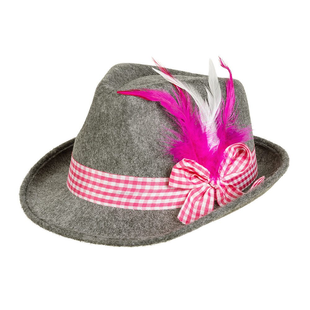 Boland Trachten-Kostüm Hut Wiesn grau Trachtenhut mit rosa Band und Feder Party Oktoberfest, Perfektes Accessoire für Oktoberfest, Wiesn und Trachtenfeste