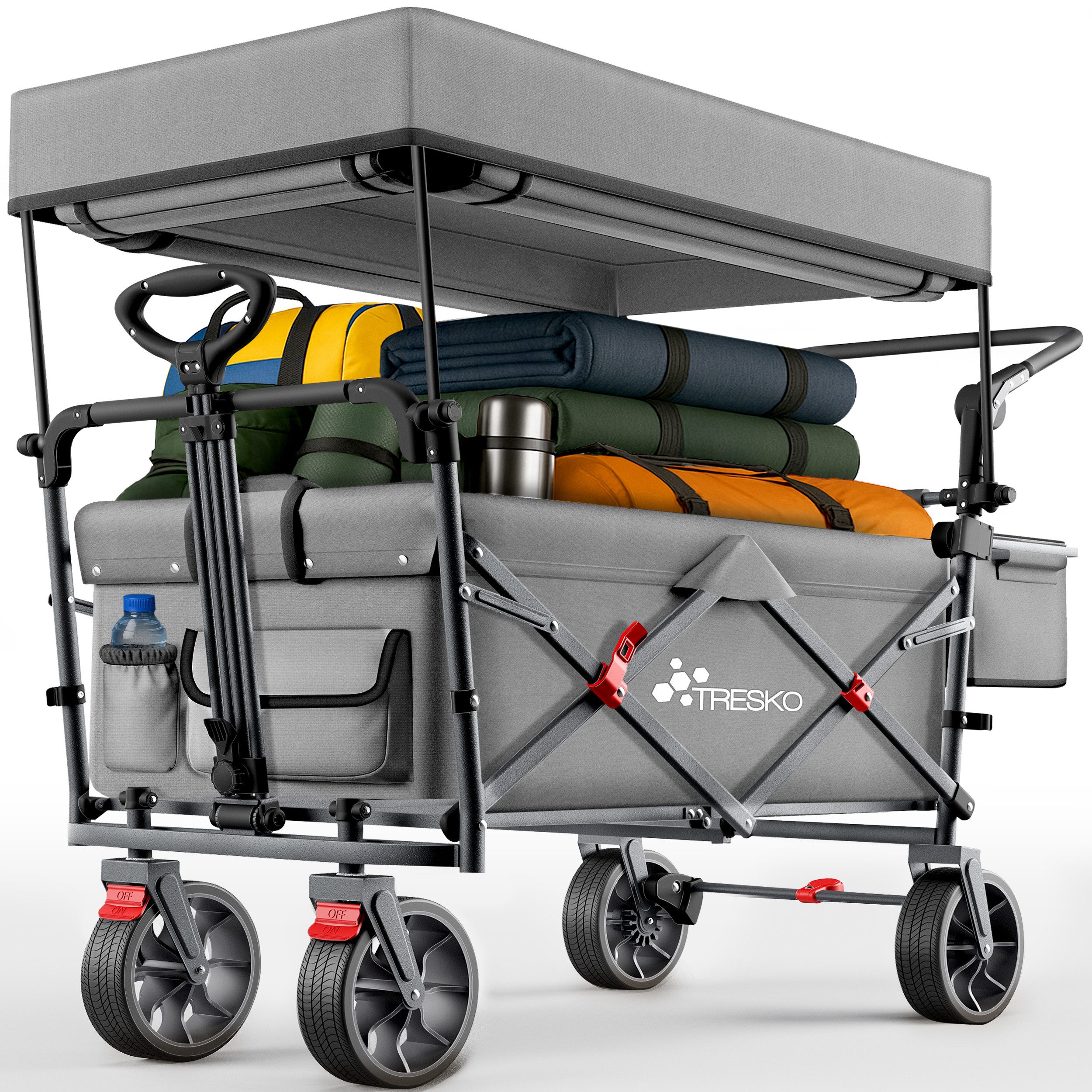 TRESKO Bollerwagen TRESKO Faltbarer Bollerwagen Handwagen (Feststellbremsen (Vorne & Hinten) und 3-Punkt-Gurt, max. belastbar bis 150kg Transportwagen mit Vollgummireifen), Faltbar mit Dach, Kühlfach & Seitenrollos Handwagen