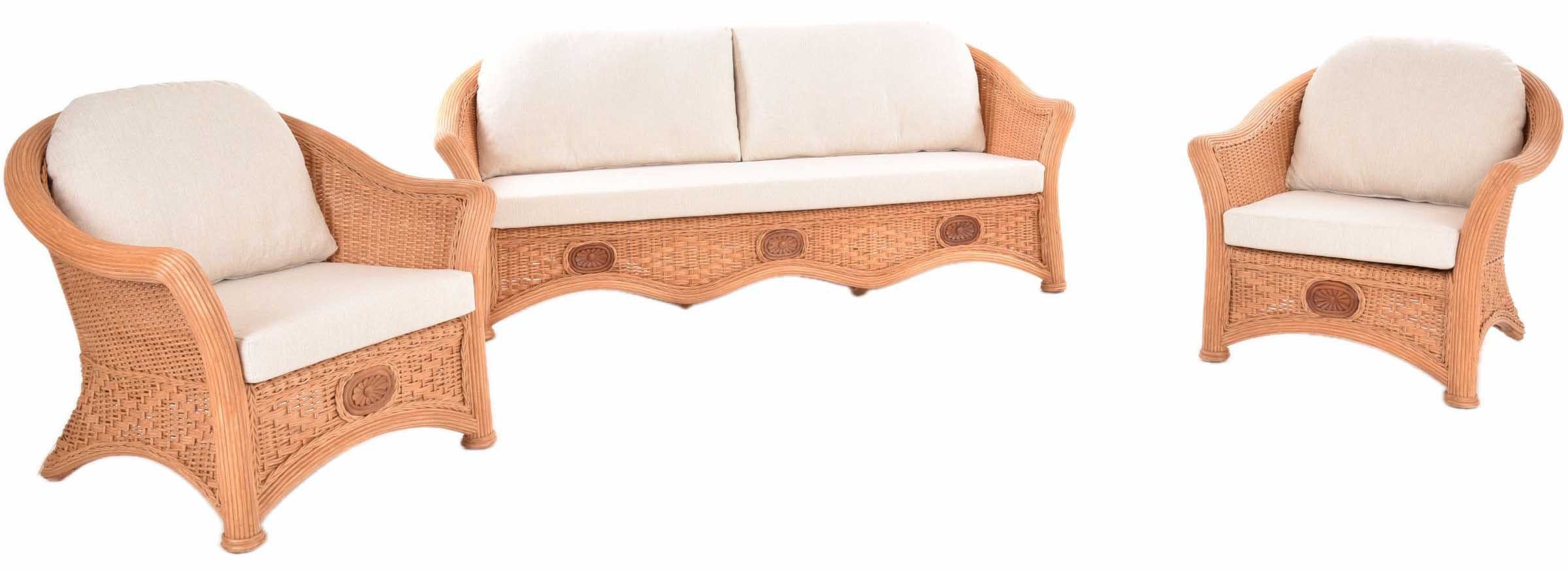 Krines Home Sitzgruppe Edle Rattangarnitur Lorde Wintergarten Garnitur Rattanset Rattanmöbel, (3-tlg., 2x Sessel, 1x Dreisitzersofa), Wohnzimmerset Wohnzimmer für 5 Personen