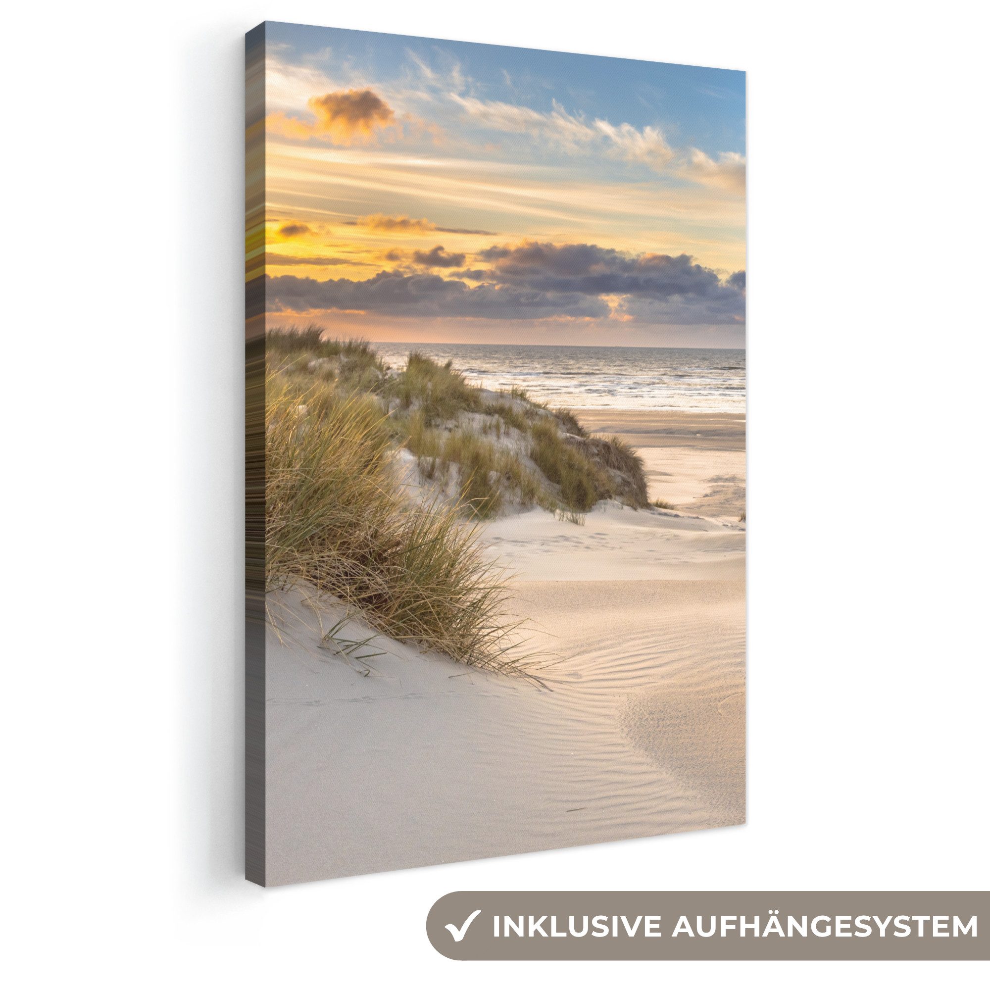 OneMillionCanvasses® Leinwandbild Strand - Düne - Gras - Sonnenuntergang - Meer, Fotodruck (1 St), Leinwand Canvas Wandbild, Wanddekoration 20x30 cm