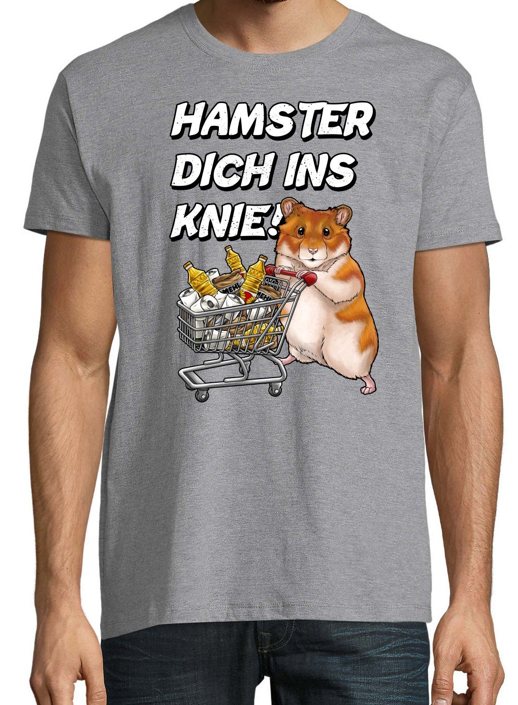 T-Shirt Youth Spruch INS HAMSTER mit Print-Shirt KNIE DICH Grau Herren Aufdruck Designz lustigem