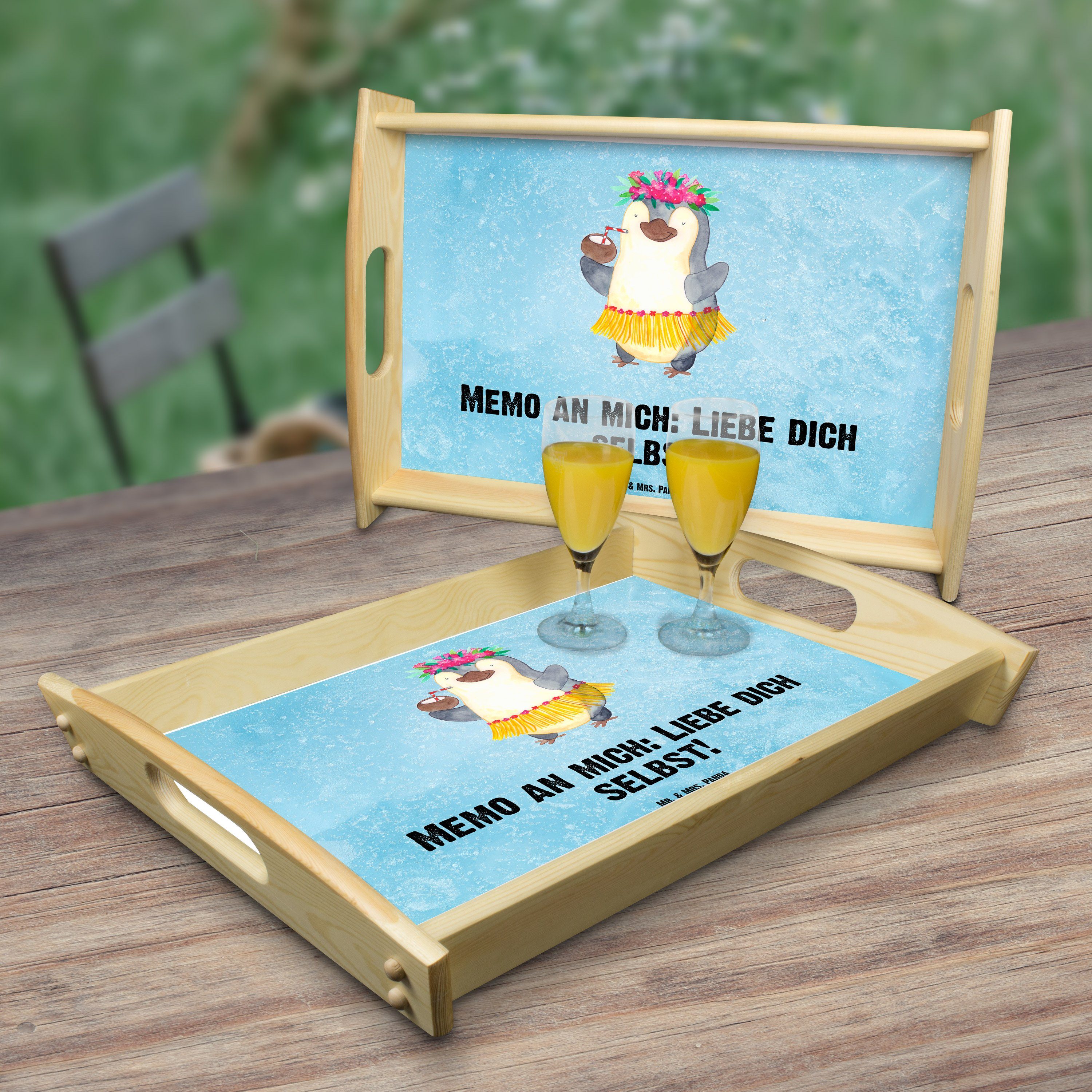 Mr. & Mrs. Panda Tablett Geschenk, Echtholz Aloha, Hawaii, - lasiert, Holzt, Eisblau (1-tlg) - Kokosnuss Tablett, Pinguin