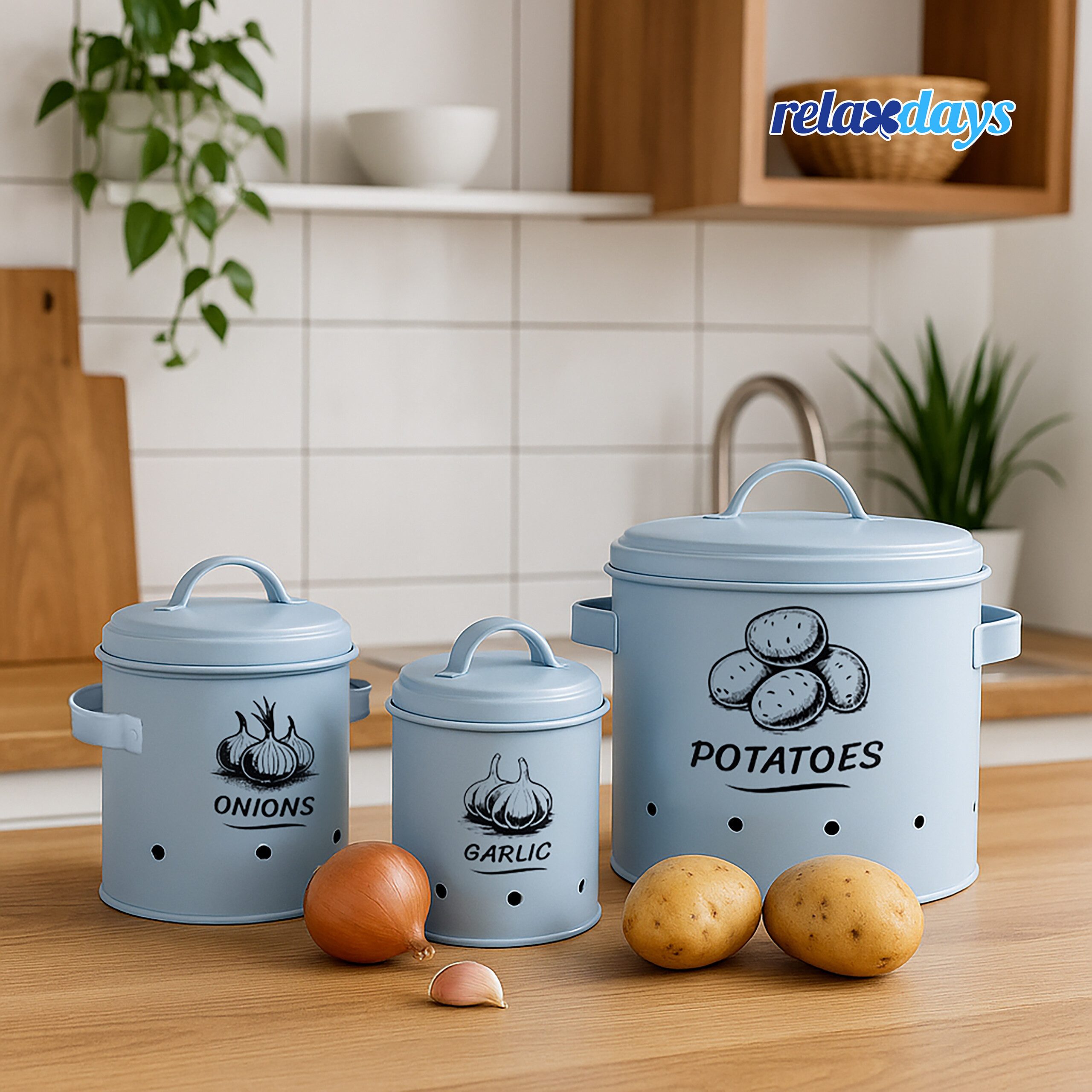 relaxdays Vorratsdose Kartoffel Aufbewahrungsbox 3er Set, Stahl, (3-tlg), Hellblau – Bild 2 von 5