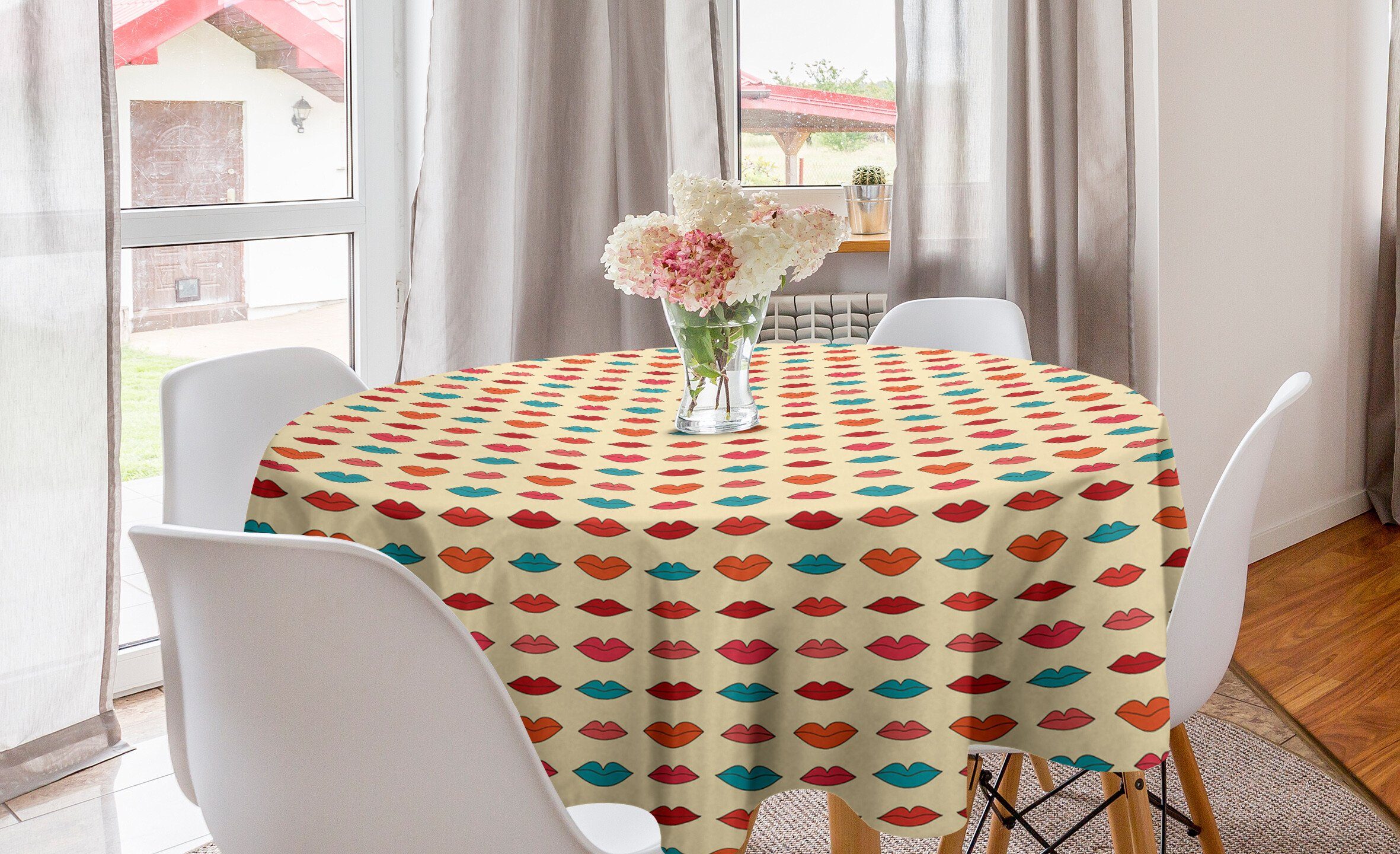 Abakuhaus Tischdecke Kreis Tischdecke Abdeckung für Esszimmer Küche Dekoration, Kuss Bunte Mädchen Lippenmuster