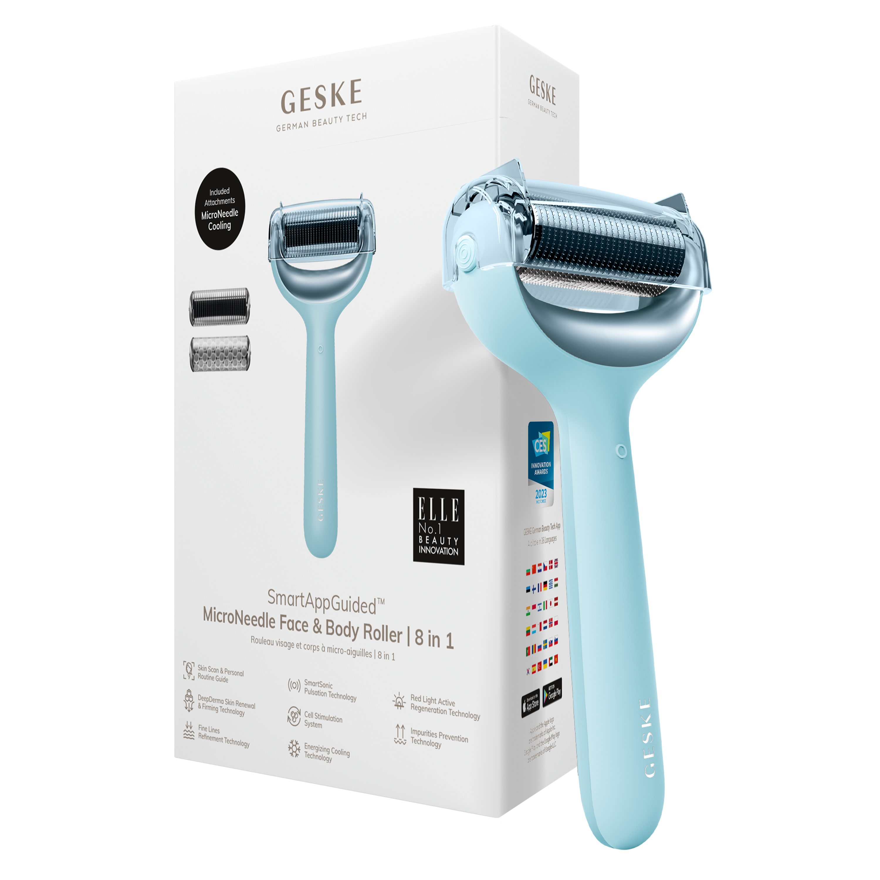 GESKE German Beauty Tech Micro-Needling SmartAppGuided™ MicroNeedle Face & Body Roller 8 in 1, Packung (Gerät & USB-Ladekabel), 4-tlg., Gerät inkl. kostenloser APP (SmartAppGuided Device), Mit der GESKE App erhältst Du deine personalisierte Hautpflegeroutine. Turquoise