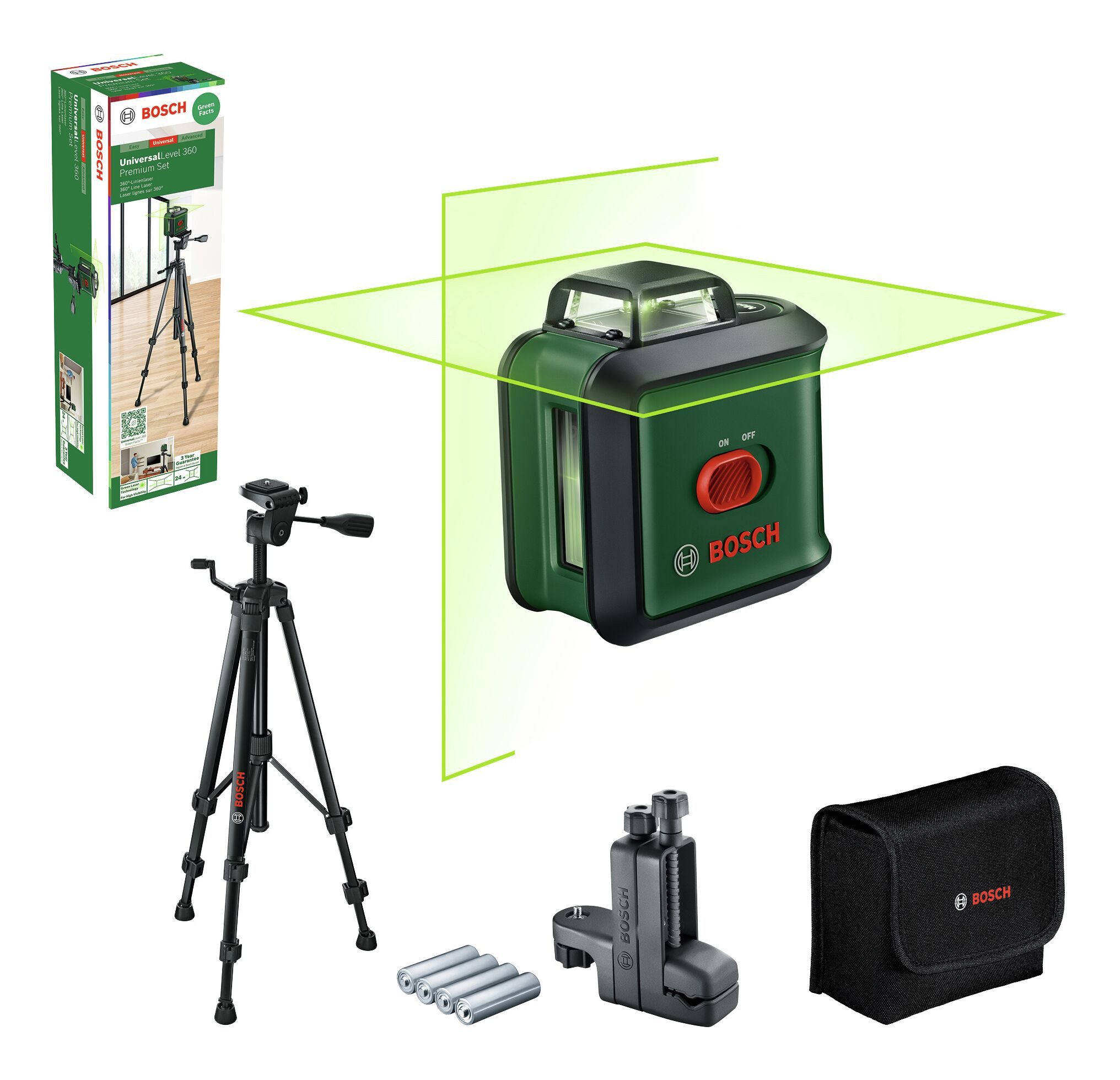 BOSCH Kreuzlinienlaser UniversalLevel 360 Set, Kreuzlinien-Laser mit Stativ TT 150 - im Karton