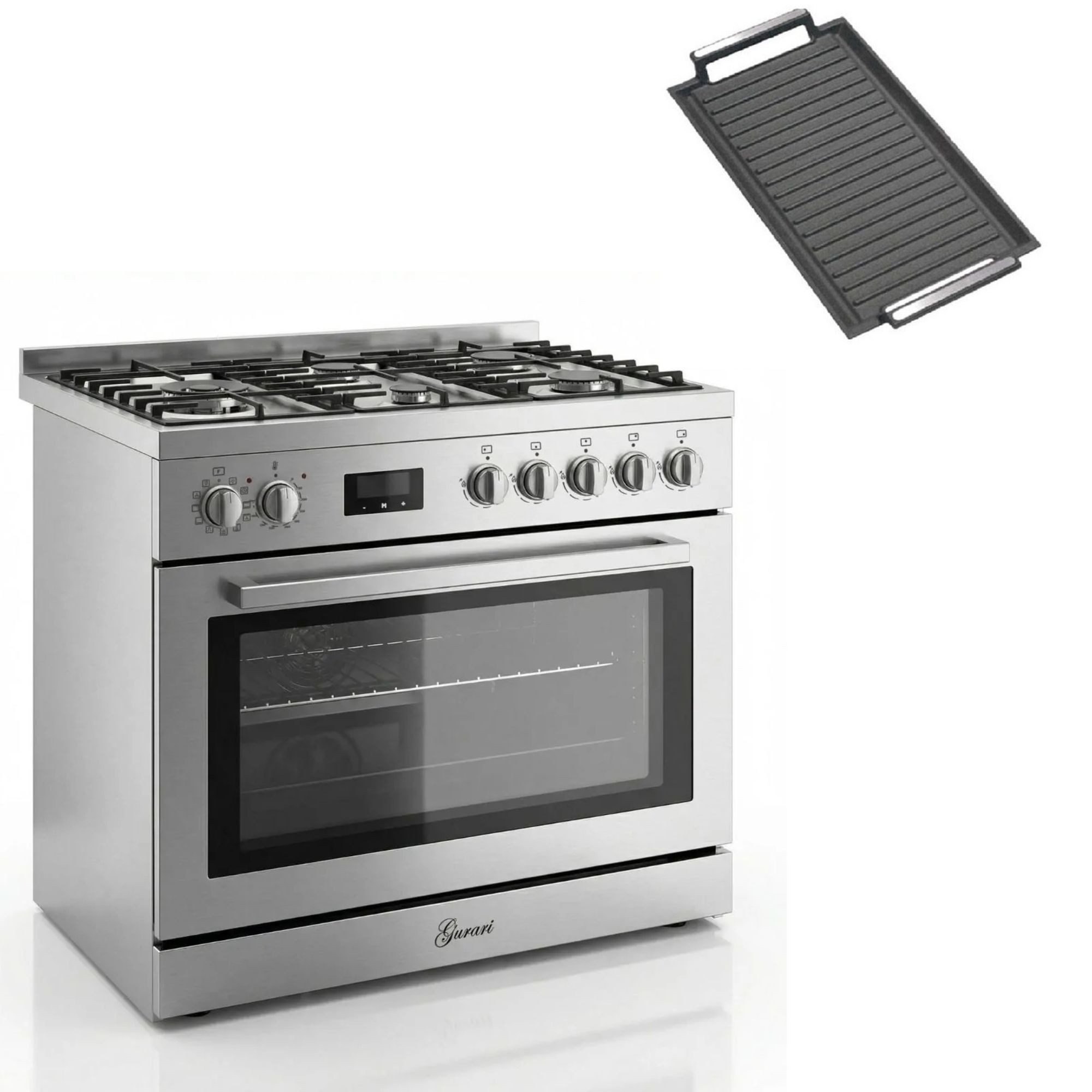 GURARI Gas-Standherd Edelstahl Gas Elektro Standherd 90 cm 126 L Erdgas Fl.Gas 4 Kw WOK,Selbstreinigung GCH E 818 X+Grillplatte, mit 1-fach-Teleskopauszug