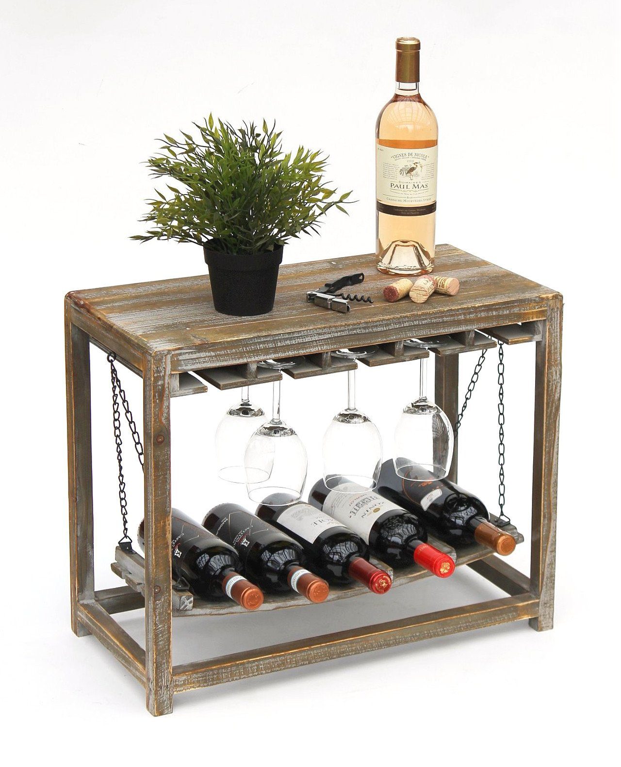 Weinregal Holz Braun mit Ablage 47 cm Flaschenregal mit Glashalter 9202-R