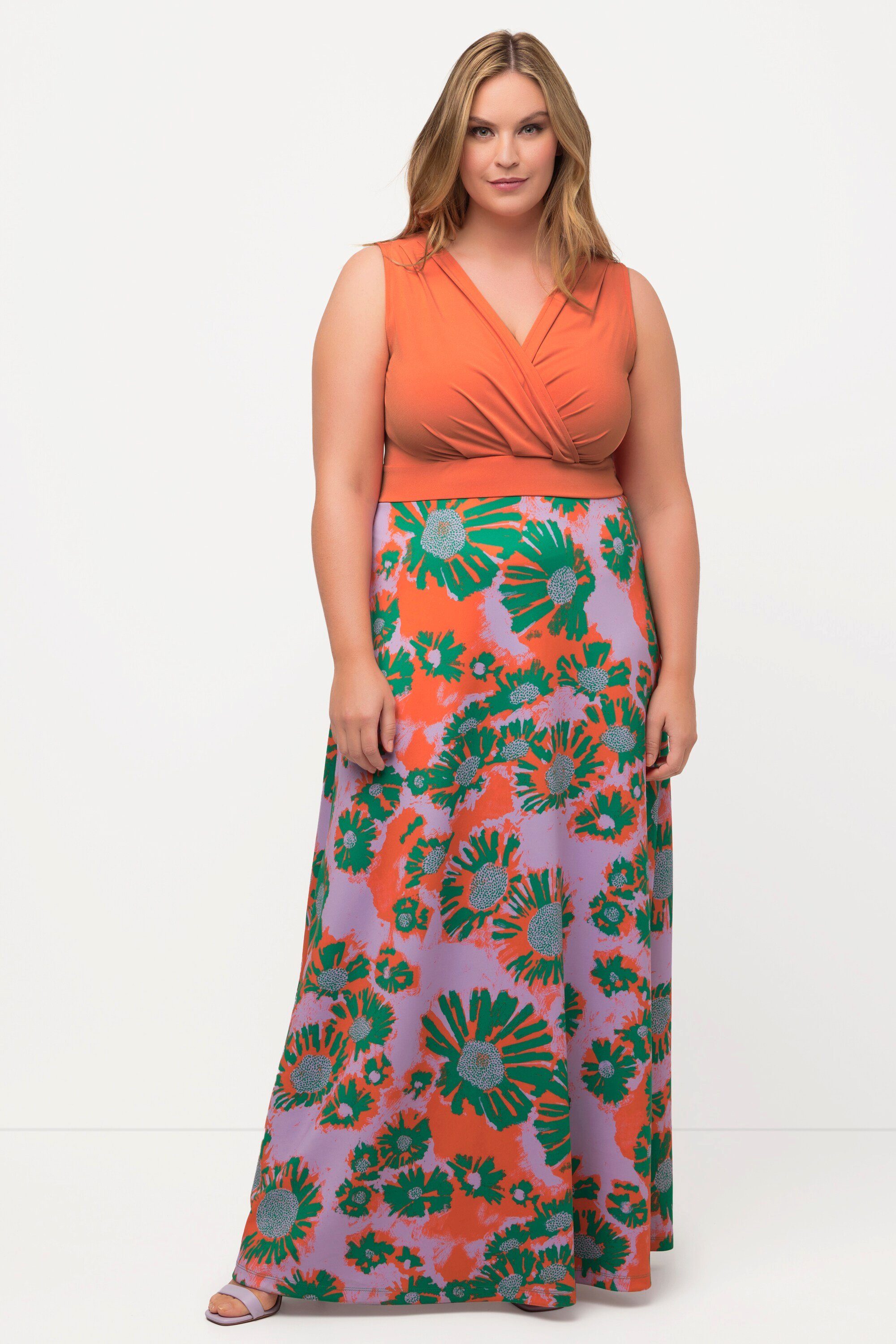 Ulla Popken Cocktailkleid Jersey-Maxikleid Blüten V-Ausschnitt günstig online kaufen