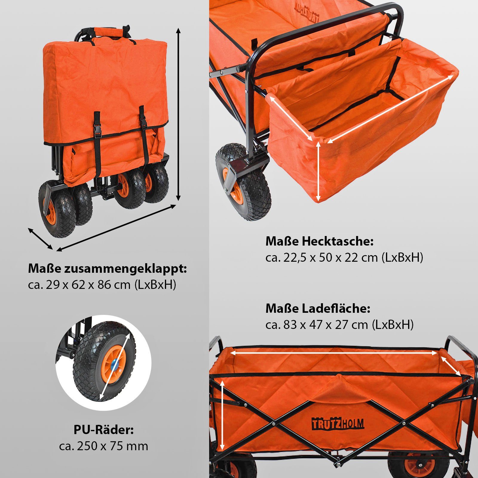 TRUTZHOLM Bollerwagen faltbar mit Vollgummi Rädern, Hecktasche und Teleskopgriff orange