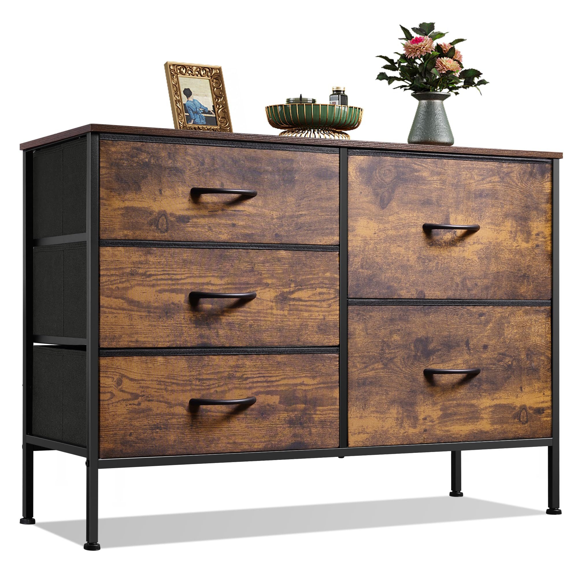 WLIVE Kommode Stauraumschrank Kommode mit 5 Stoffschubladen, (Metallrahmen Holzwerkstoff), Kommode Wohnzimmer, mit Stabiler Stahlrahmen und Holzplatte