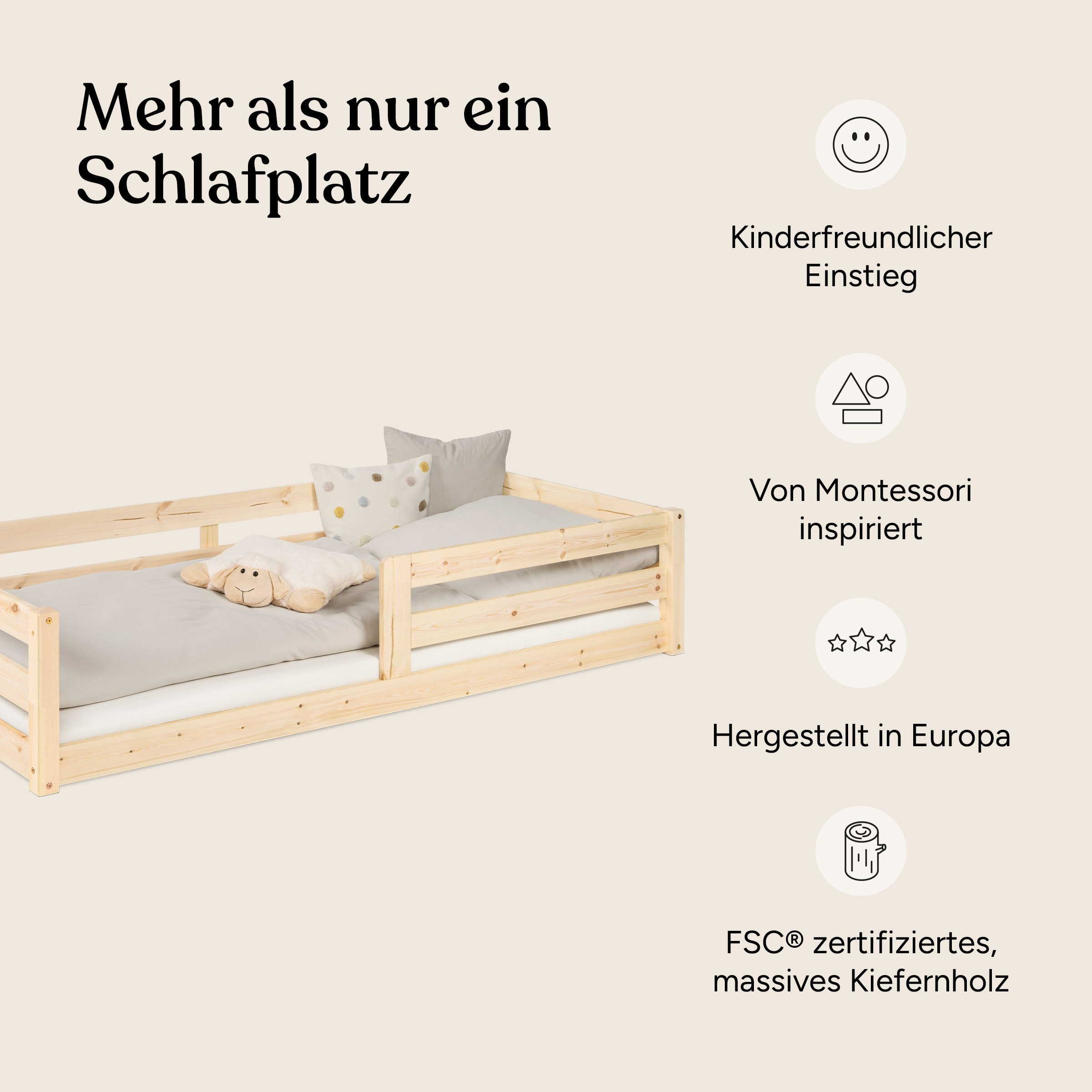 Ehrenkind Kinderbett Bodenbett Sona aus massivem Kieferholz und Rausfallschutz, Montessori Kinderbett 90x200 cm