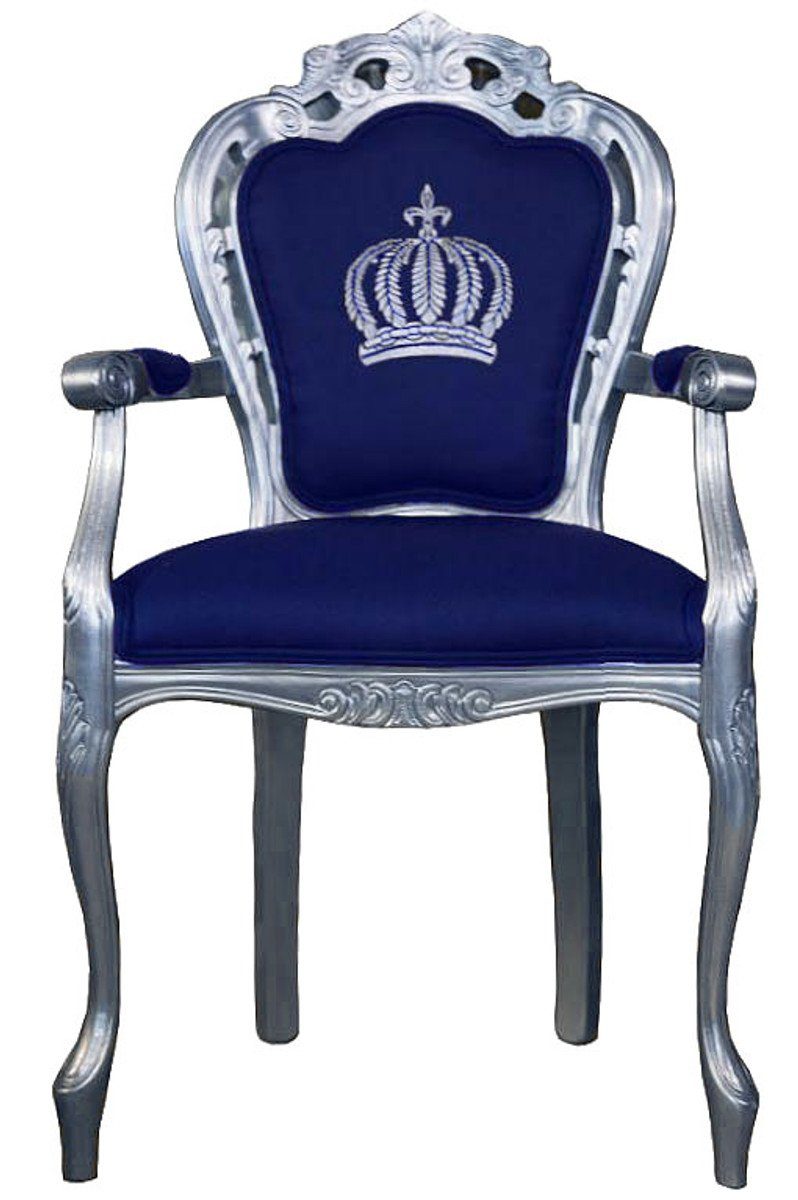 Casa Padrino Esszimmerstuhl Pompöös / Silber Barock Barock Armlehnen - Luxus Stuhl mit Blau by by designed Pompööser Esszimmerstuhl Harald Glööckler