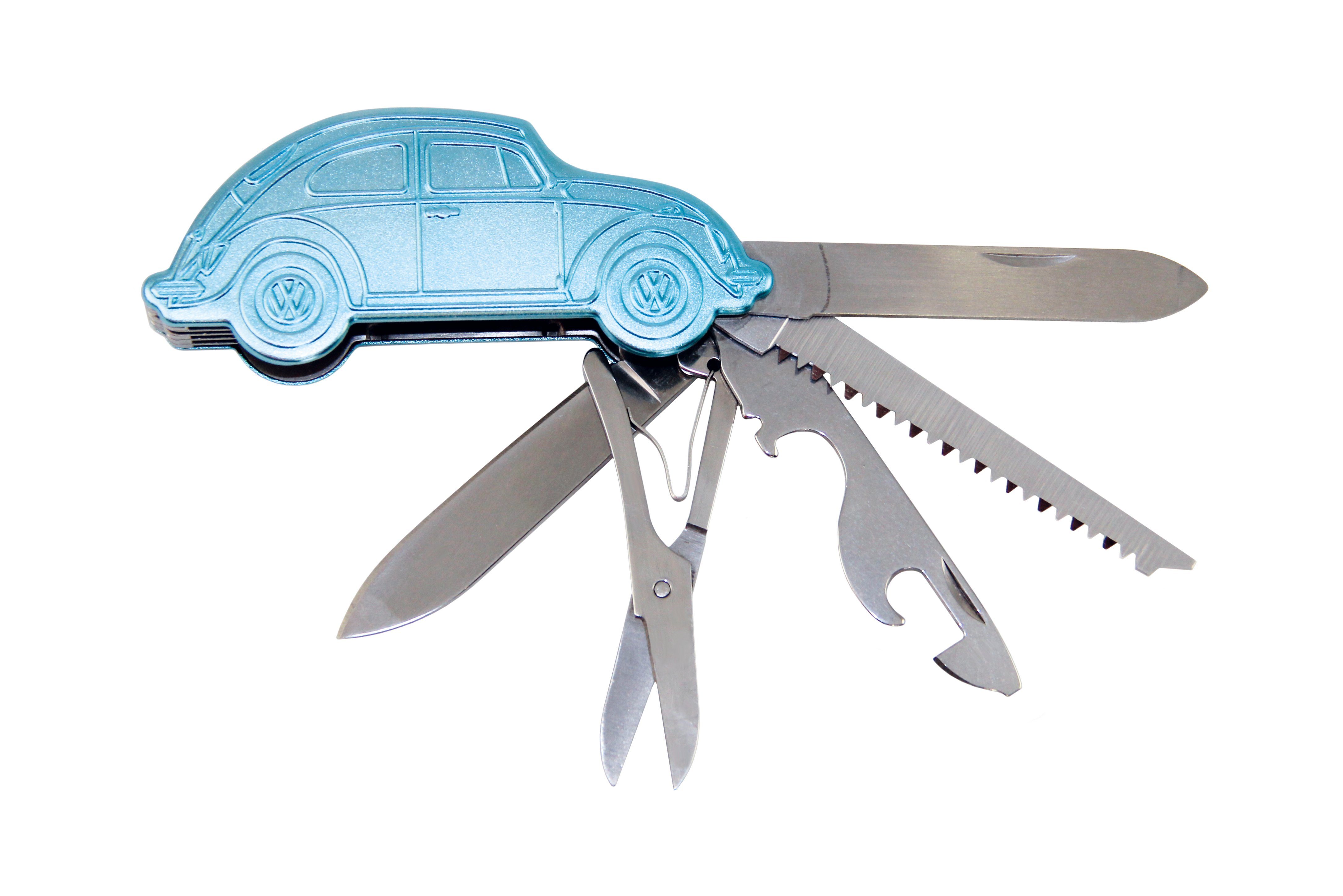 VW Collection by BRISA Multitool Volkswagen Taschenmesser mit 6 Funktionen, blaues Klappmesser im VW Käfer-Design