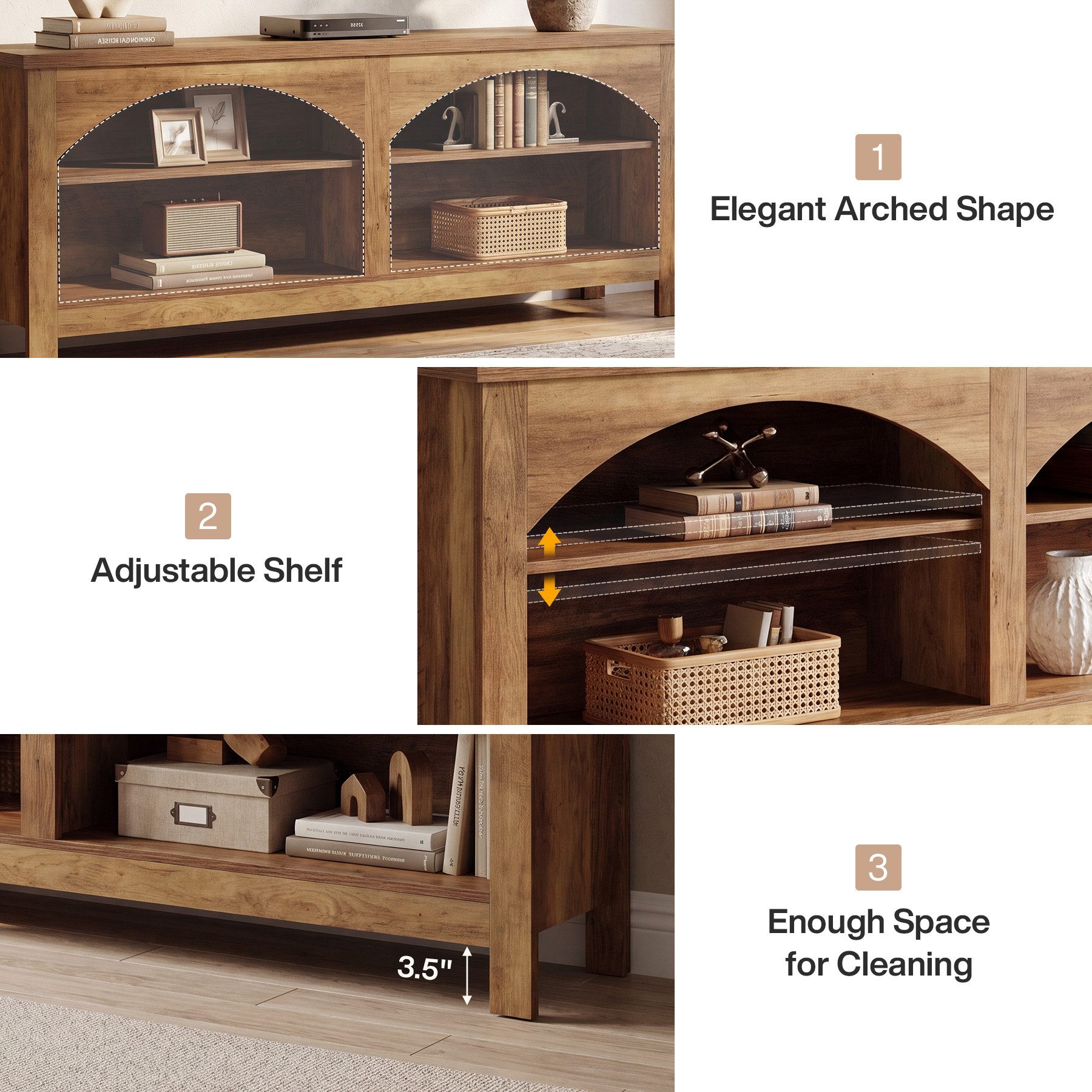 Tribesigns TV-Schrank für Fernseher bis zu 70 Zoll, Entertainment-Center im Landhausstil verstellbare Regalböden, offene Ablagefächer mit Bogen