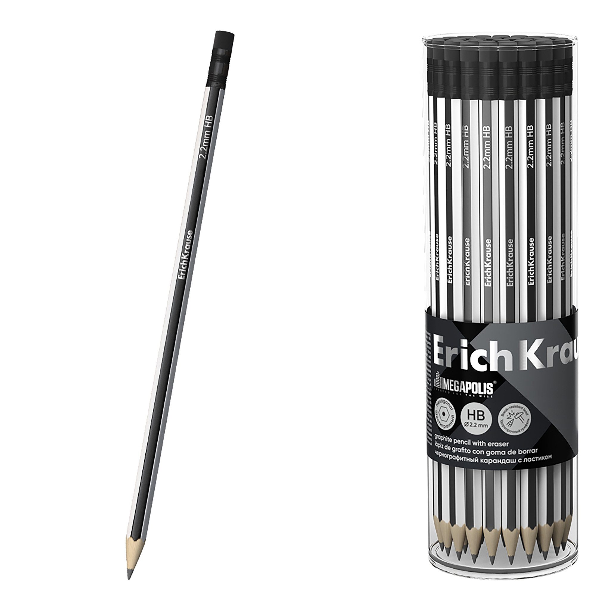 Erich Krause Bleistift, Bleistifte HB mit Radiergummi Megapolis 42er Pack Weiß / Schwarz