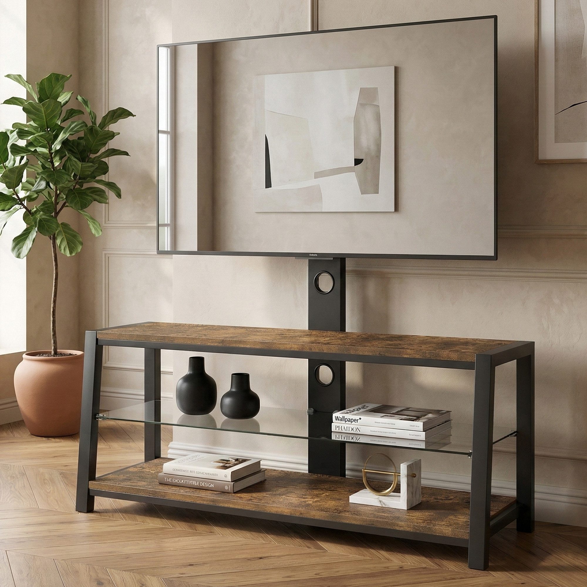 OKWISH TV-Ständer TV-Wagen TV-Schrank, (aus Holz mit schwarzem Hartglas – Höhenverstellbarer TV-Regal, schwenkbares Entertainment-Center mit Wandhalterung H125/B116/T42 cm)
