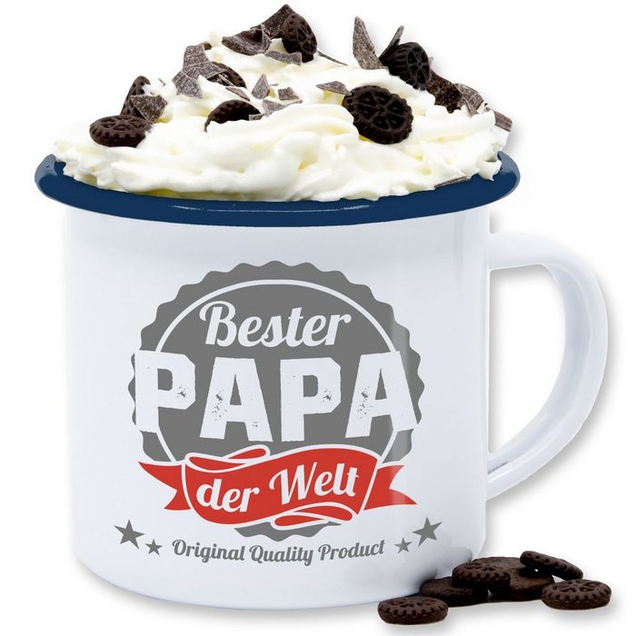 Shirtracer Tasse Bester Papa der Welt Retro Badge Dunkel - Geschenk Vatertag Kaffeetasse - Emaille Tasse Blechtasse Stahlblech beste papa der welt