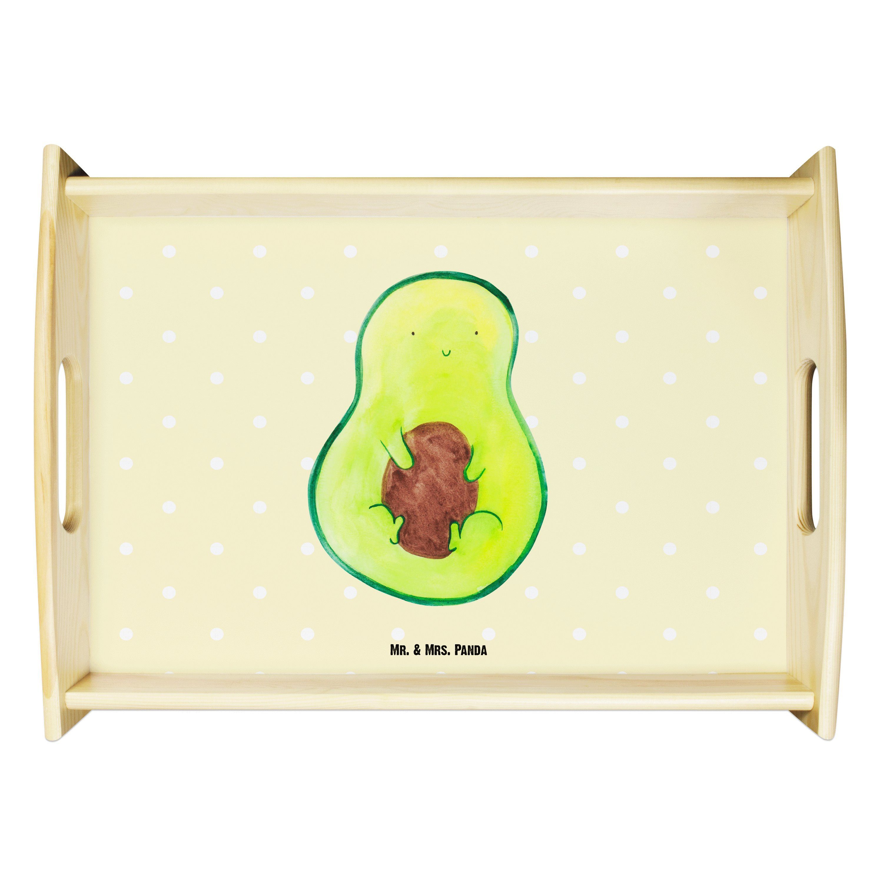 Mr. & Mrs. Panda Tablett Avocado mit Kern - Gelb Pastell - Geschenk, Vegan, Holztablett, Avoca, Echtholz lasiert, (1-tlg)