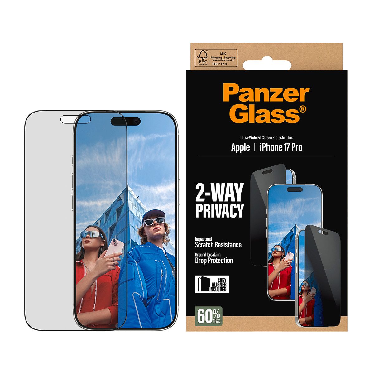 CARE by PanzerGlass Displayschutzglas 2-Way Privacy Ultra-Wide Fit Screen Protector für Apple iPhone 17 Pro, Displayschutzfolie, Schutzfolie, Bildschirmschutz, kratz- & stoßfest