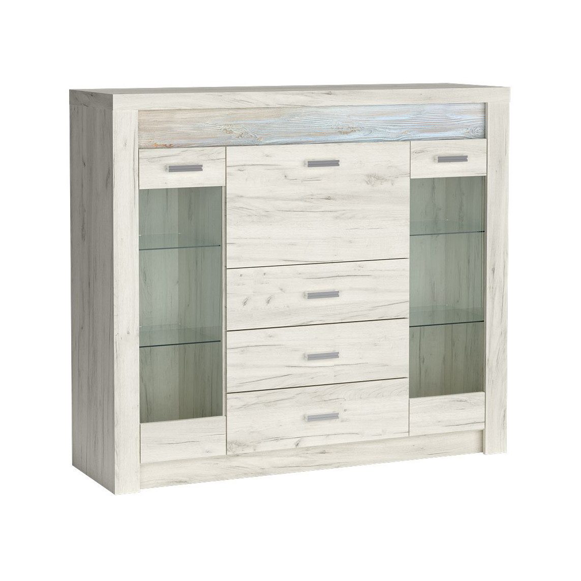Beautysofa Kommode POLIS I-8 mit Glasfronten, LED-Beleuchtung – Wohnzimmer-Vitrine mit Barfach und Schubladen