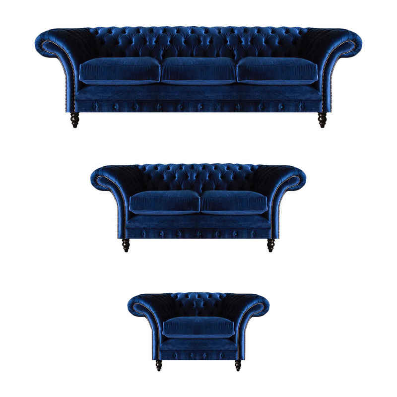 JVmoebel Chesterfield-Sofa Luxus Design Neu Garnitur Wohnzimmer Blau Sofa Set 3tlg Einrichtung, 3 Teile, Made in Europa