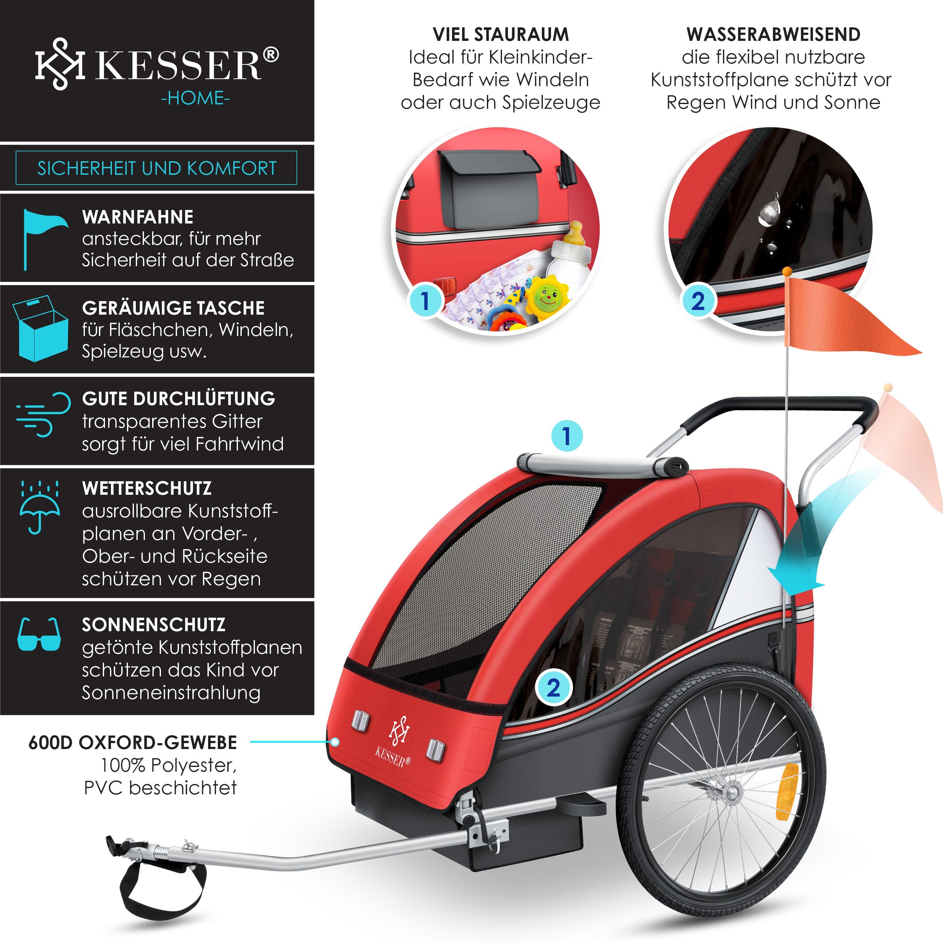 KESSER Fahrradkinderanhänger, Kinderanhänger Fahrradanhänger Sport-RX in Joggerfunktion