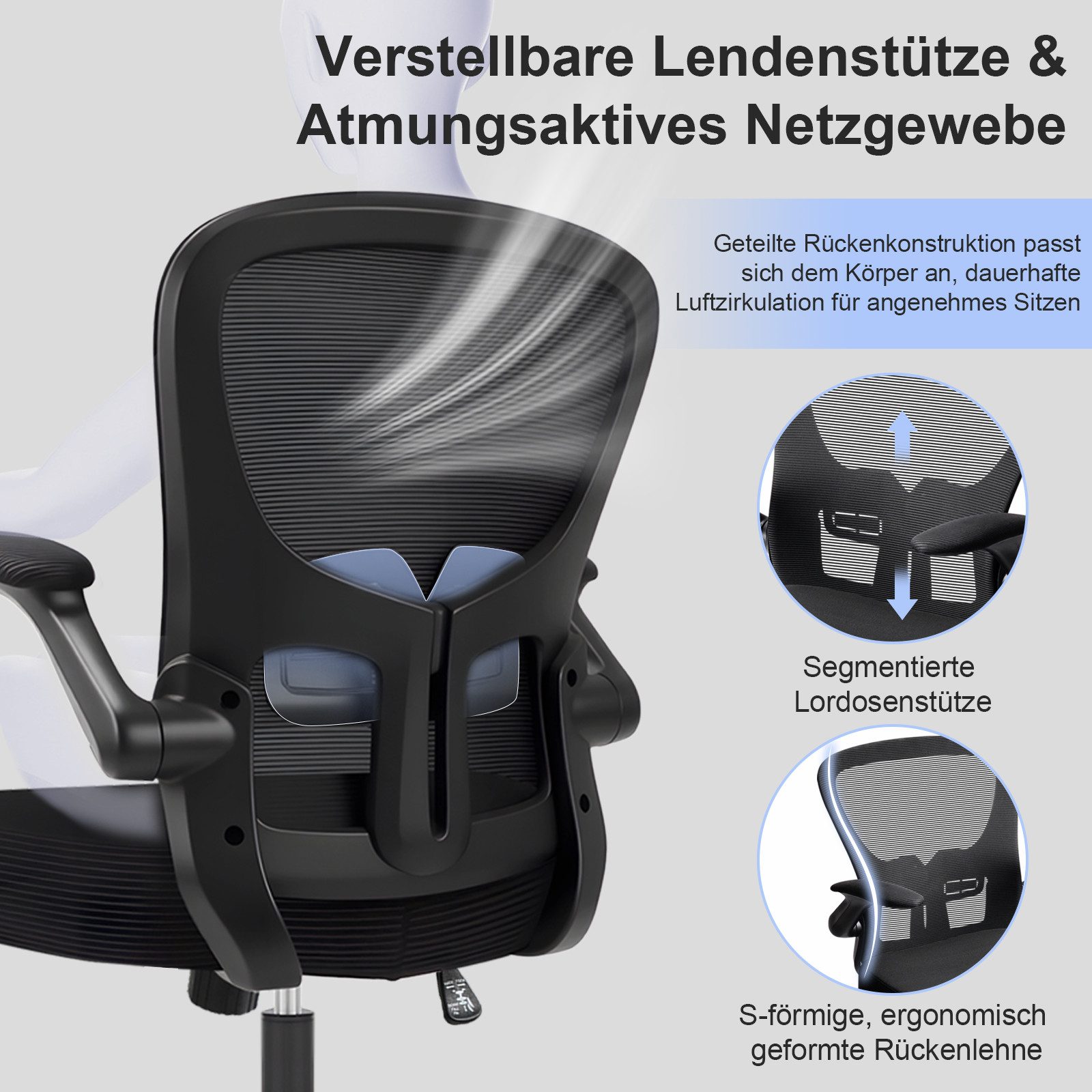 Durrafy Bürostuhl Ergonomischer Bürostuhl,Schreibtischstuhl mit klappbaren Armlehnen (Höhenverstellbarer Drehstuhl mit Wippfunktion bis 130°,Computerstuhl mit verstellbarer Lendenwirbelstütze und leisen Rollen), Chefsessel mit 150 kg Tragfähigkeit