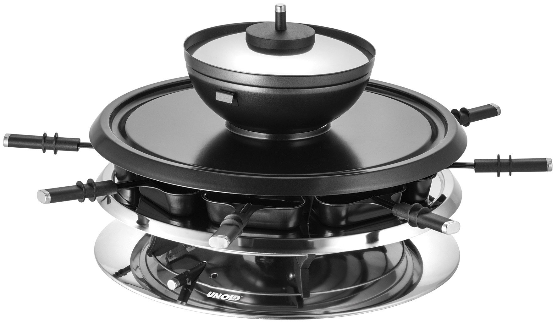 Unold Raclette Multi 4-in-1 48726, 8 Raclettepfännchen, 1300 W, mit Fonduetopf, abnehmbare Grillplatte und Natursteinplatte
