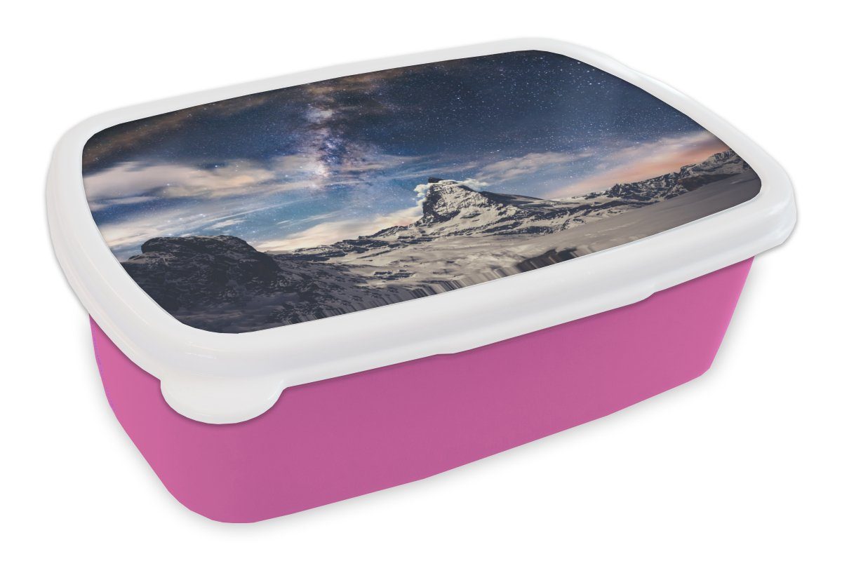 MuchoWow Lunchbox Zermatt Mädchen, Sternenhimmel bei Kunststoff Kinder, (2-tlg), Erwachsene, Snackbox, Brotdose Matterhorn Kunststoff, und Brotbox rosa Schweiz, für