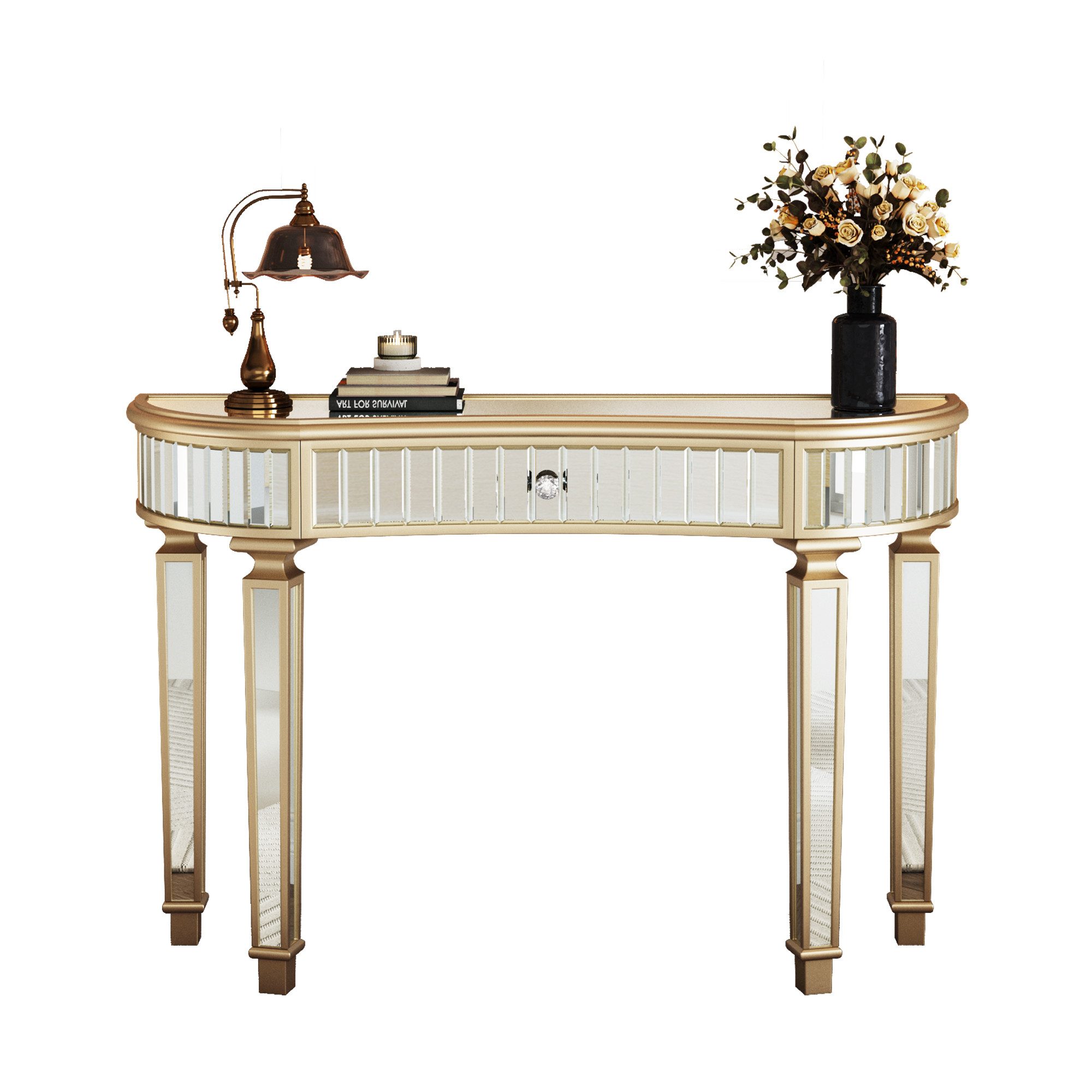 Celya Schminktisch 120 cm langer, halbmondförmiger Spiegelkonsolentisch (luxuriöser Sofatisch, Gold+Silber, moderner Schminktisch für Schlafzimmer, Ankleidezimmer, Wohnzimmer), mit geriffelter Glasplatte und Kristallknopfschublade