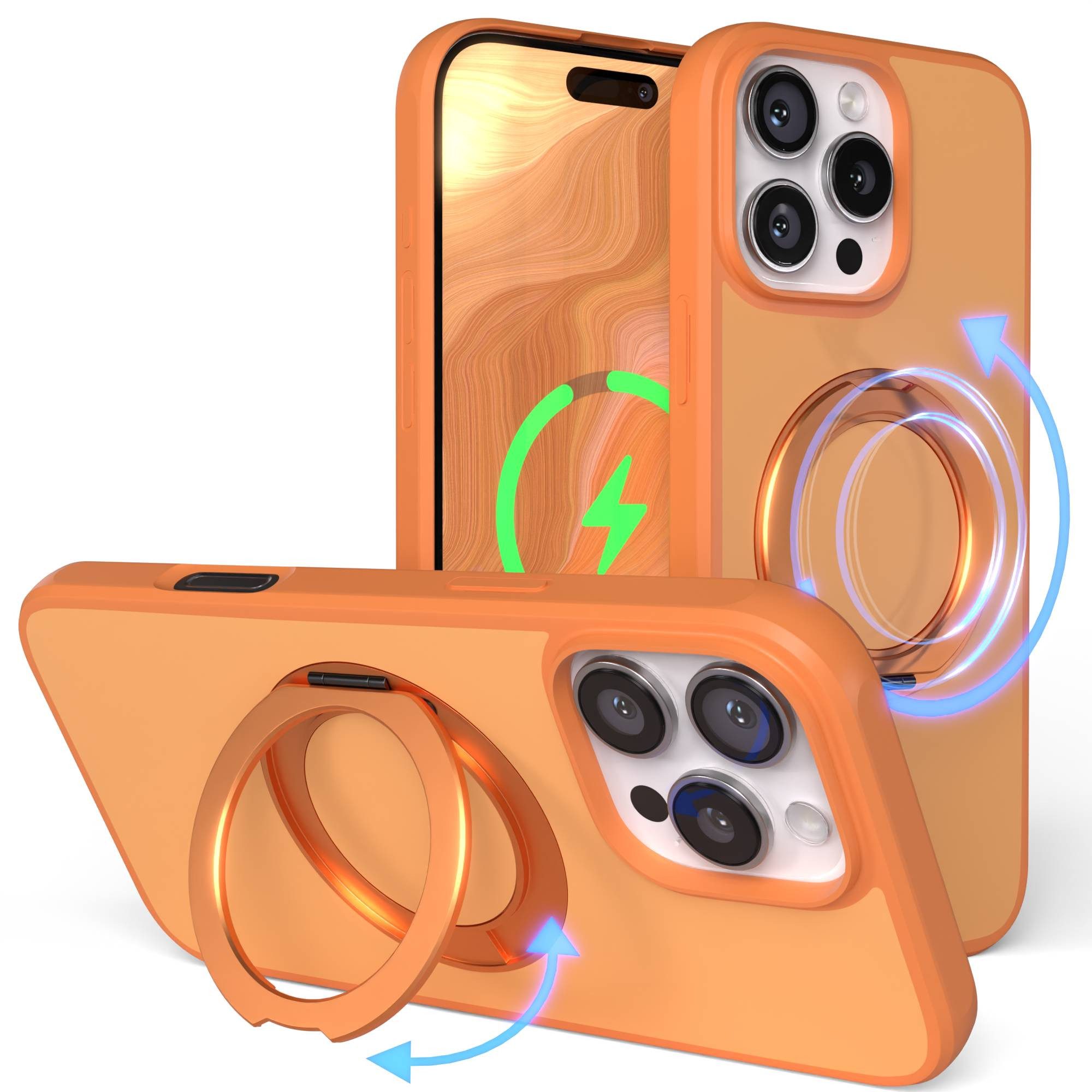EAZY CASE Handyhülle Outdoor Apple iPhone 16 Pro Max Case MagSafe Rotation Ring 6,9 Zoll, Slimcover Handyhülle Outdoor zum Aufstellen mit Ring modern in Orange