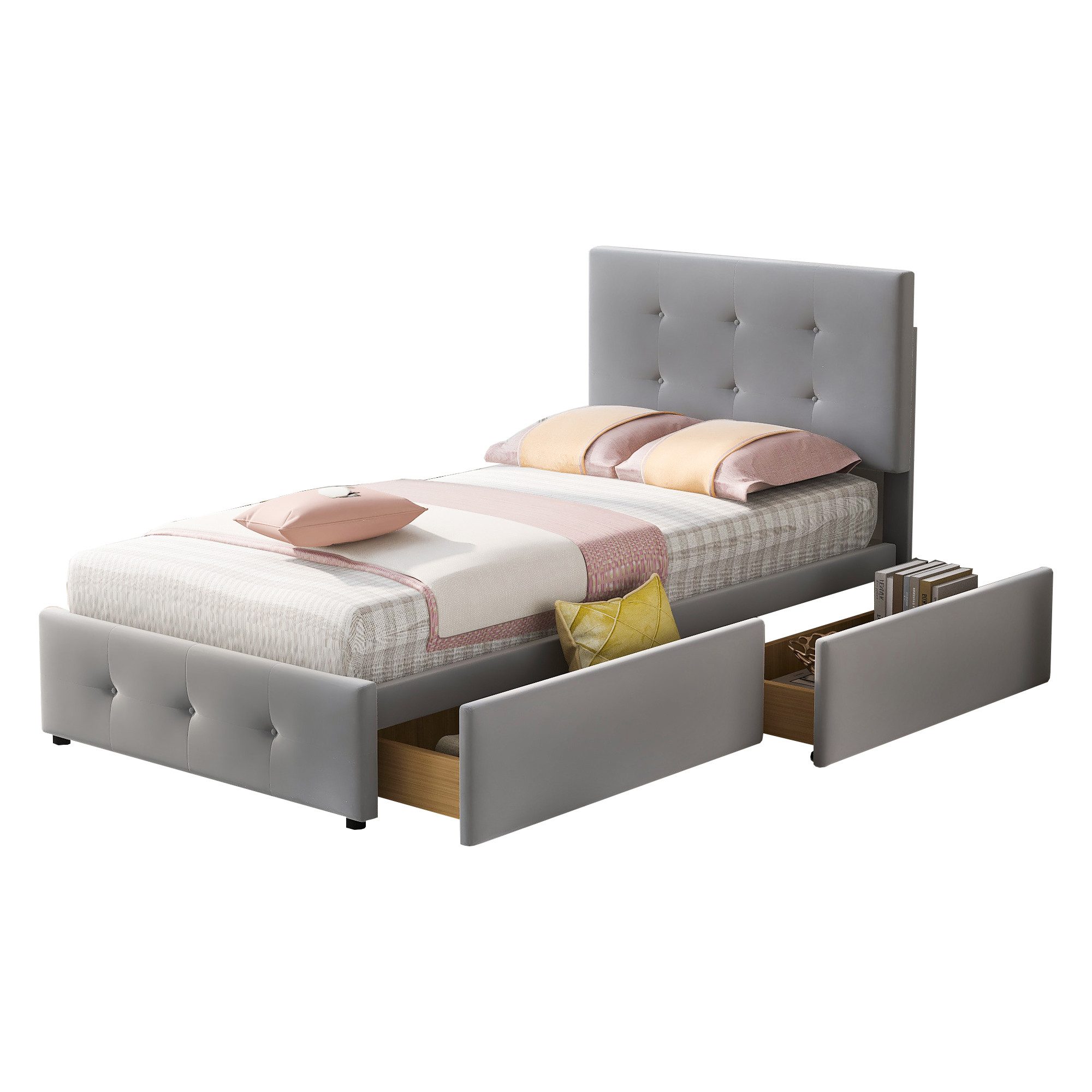 Flieks Polsterbett, Einzelbett Holzbett 2 Schubladen Samt 90x200cm günstig online kaufen