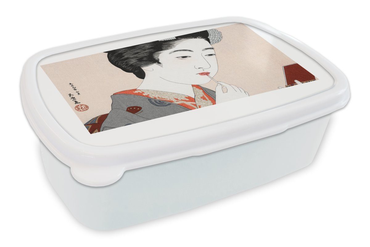 MuchoWow Lunchbox Frau - Make-up - Japanisch - Vintage, Kunststoff, (2-tlg), Brotbox für Kinder und Erwachsene, Brotdose, für Jungs und Mädchen weiß
