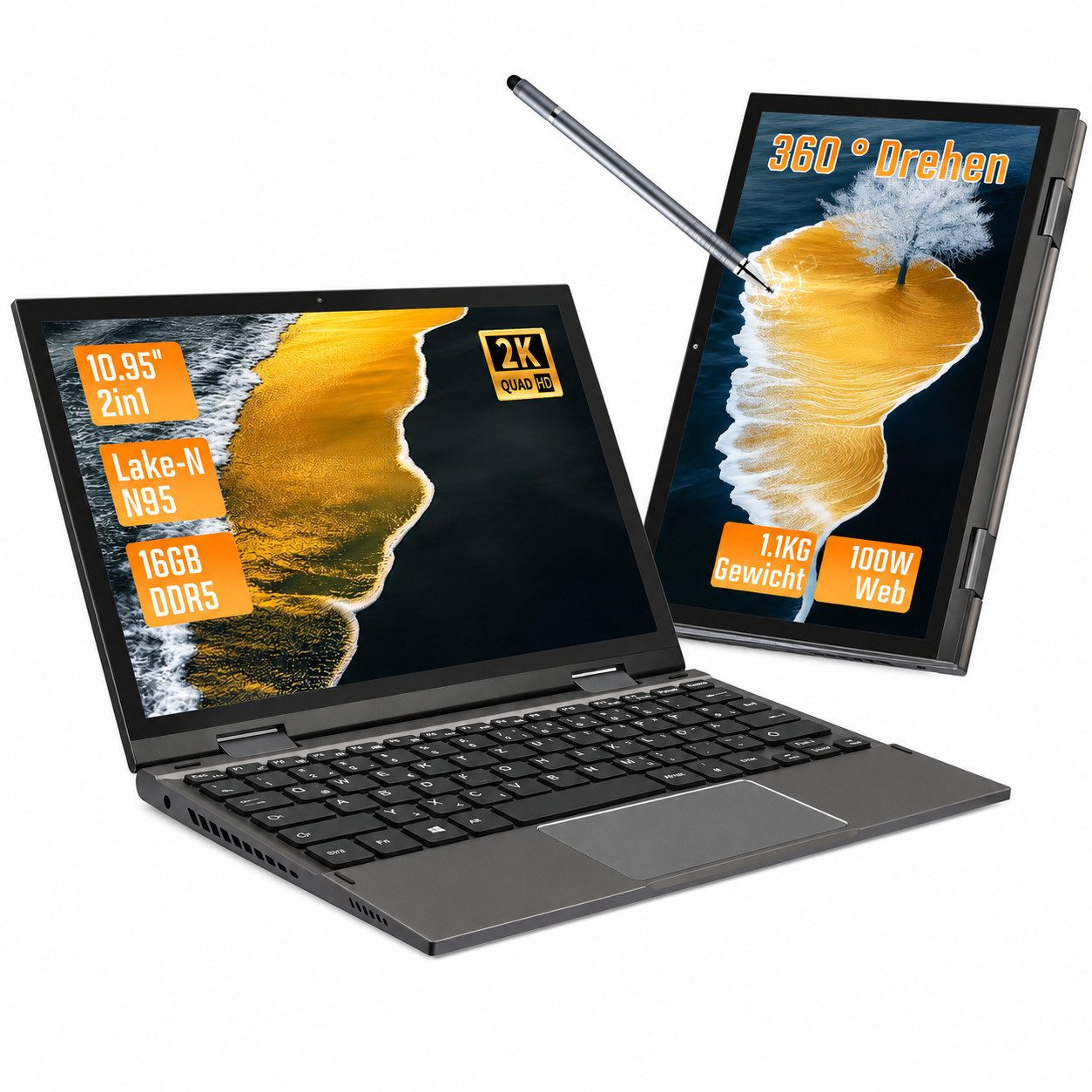 LONGEVINCE 10,95'' 2-in-1 N95 Laptop, DDR5, Touchscreen Notebook (27,81 cm/10.95 Zoll, Intel, 16 GB, 960 GB SSD, 360° Drehbar, Touchscreen & Stift, Windows 11 Pro, 4500mAh Akku)