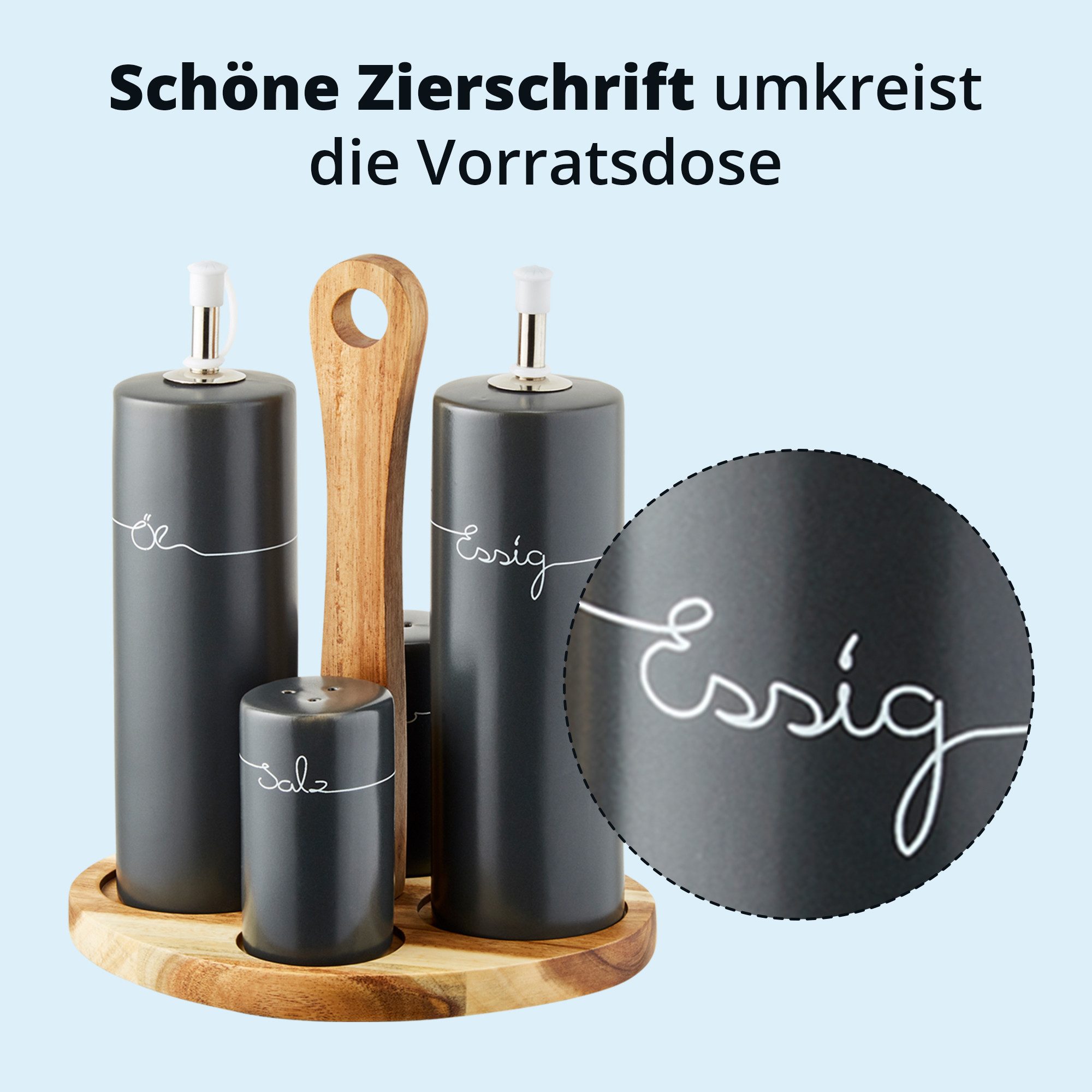 KHG Vorratsdose Menage Set 5-teilig aus Holz & Steinzeug für Essig Öl Salz Pfeffer, Steingut, Gewürz- und Öl/Essig-Set zur stilvollen Tisch- und Küchenpräsentation